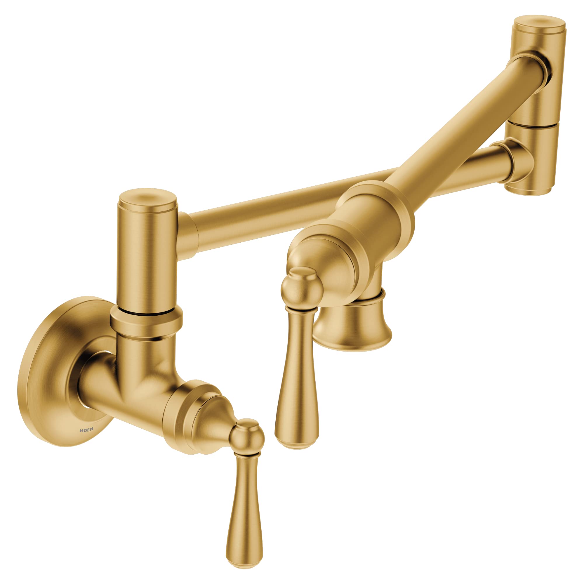 Moen Brushed Gold Traditional Double Jointed Wall Mount Swing Arm Folding Pot Filler Kitchen Faucet, S664Bg