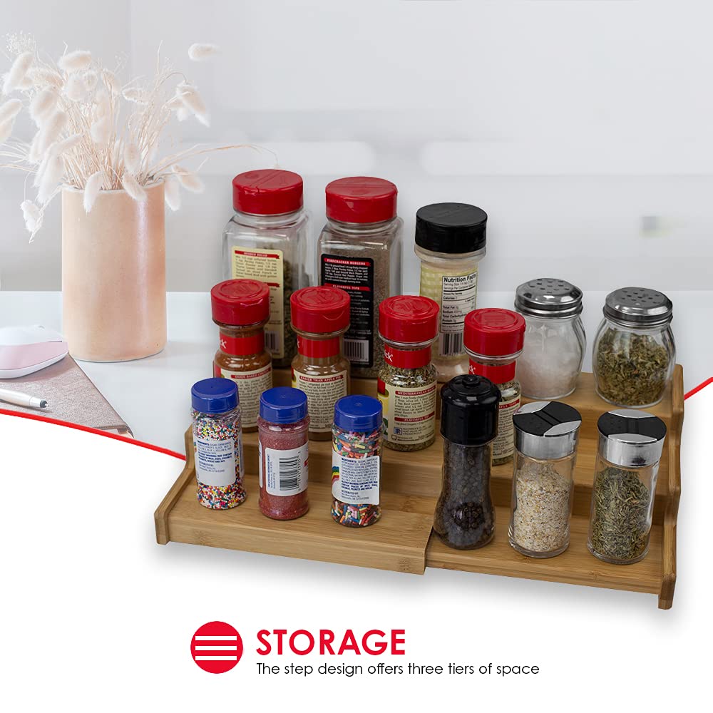Home Basics Bamboo Expandable Kitchen Cabinet, Pantry, Shelf Organizer/Spice Rack- 3 Level Storage, Easy Pull Out, Eco-Friendly,