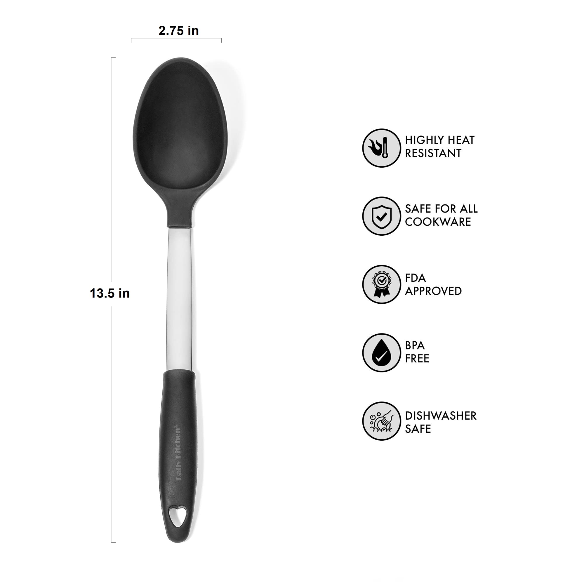 Daily Kitchen Solid Cooking Spoon Heat Resistant Silicone And Stainless Steel Metal - Best Serving Spoon With Rubber Grip - Flex