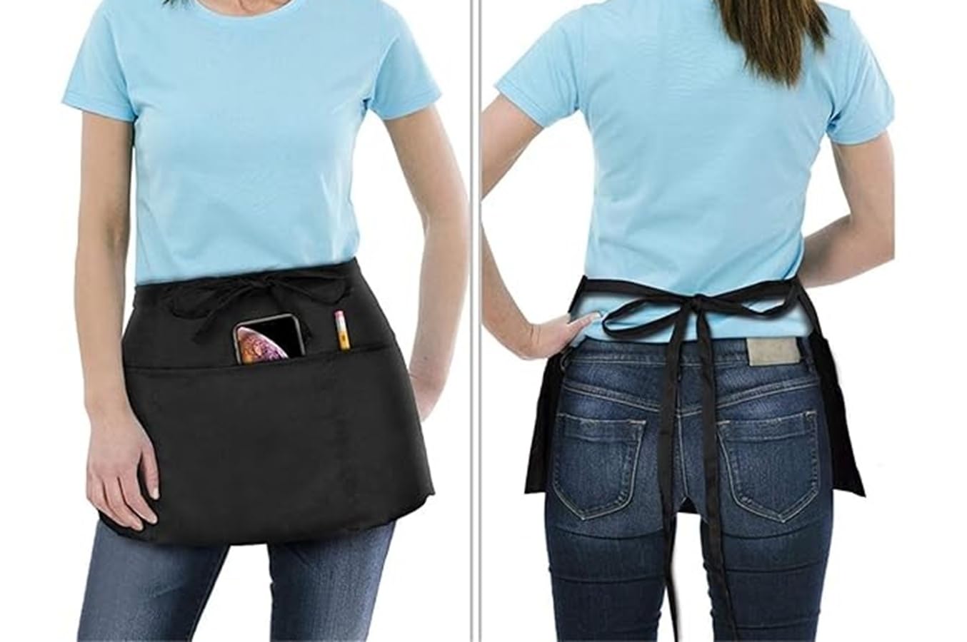 Fqzilon Server Waist Apron With 3 Pockets  Professional Waitress Aprons Long Waist Strap (Pack Of 1)  100% Cotton Half Apron F