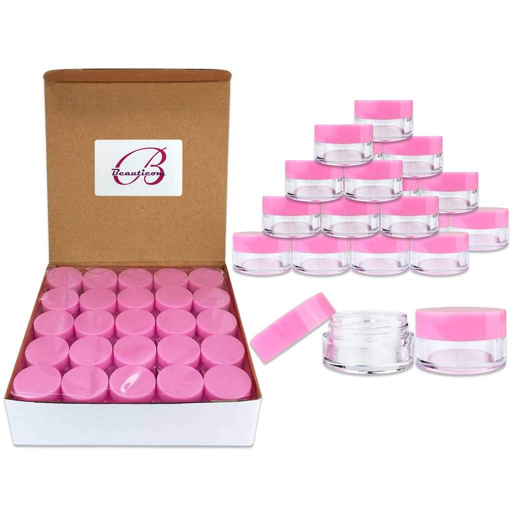 50 Jars - Beauticom High-Graded 5 Grams/5 Ml Bpa Free Thick Clear Acrylic 100% No Leak Plastic Jars Empty Container Pink Lid For