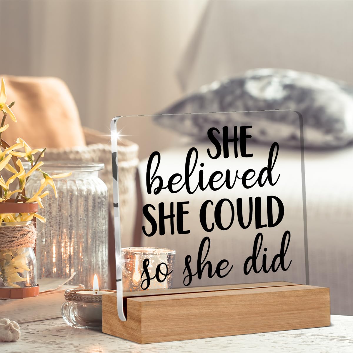 Inspirational Motivational Gifts for Women, She Believed She Could Clear Desk Decorative Sign Acrylic Sign With Wooden Stand for