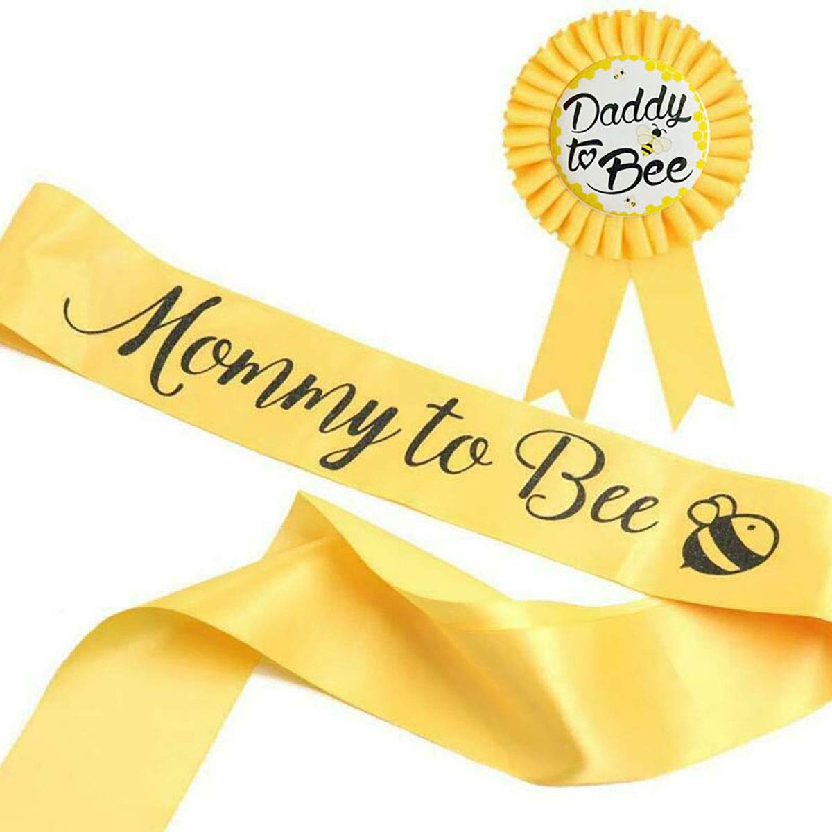 Lingaixinyue Baby Shower Decorations -'Mommy To Bee' Gold Sash And 'Daddy To Bee' Tinplate Badge Combo Kit Baby Shower Party Fav