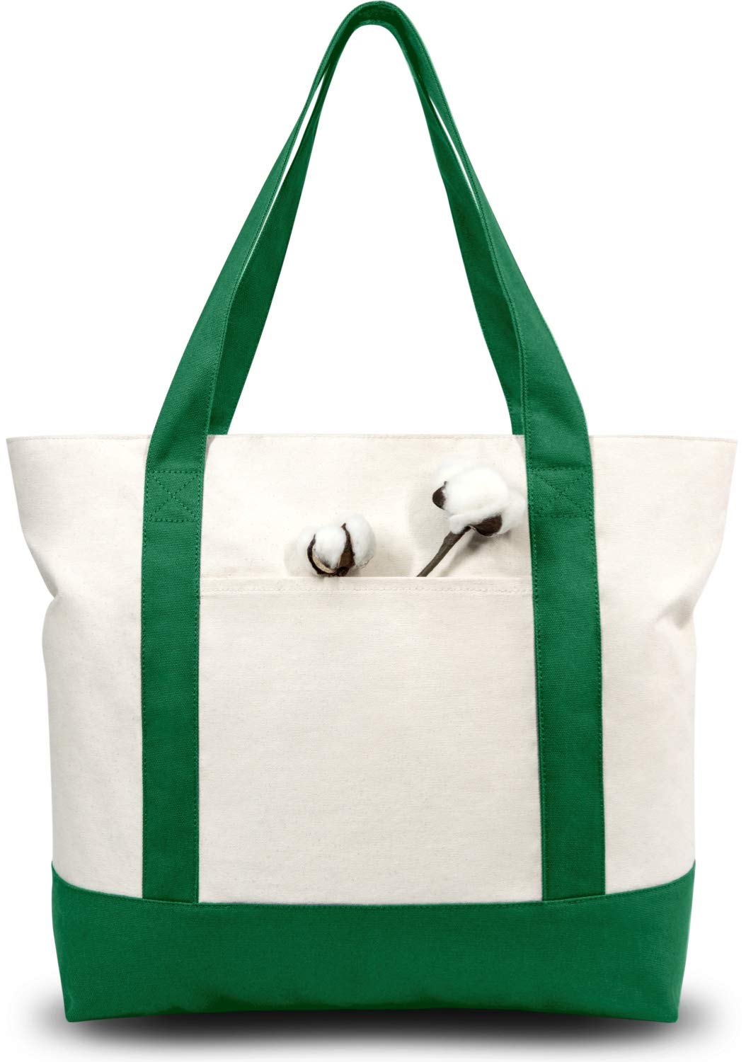 Topdesign Stylish Canvas Tote Bag With An External Pocket, Top Zipper Closure, Daily Essentials (Green/Natural)