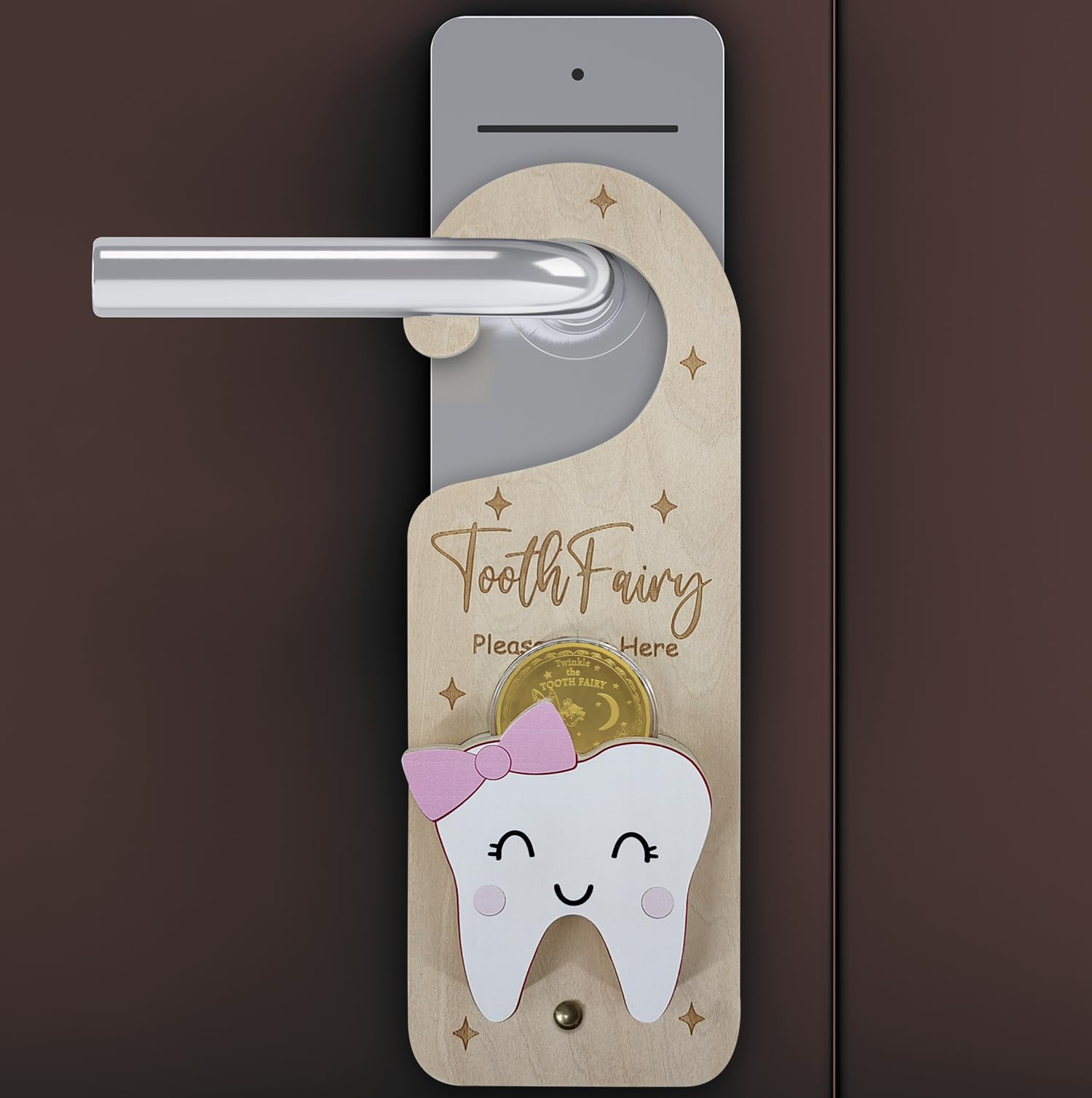 Tooth Fairy Door Hanger, Wooden Tooth Fairy Money Holder with Tooth Coins for Lost Tooth Kids Gifts (Pink-2)