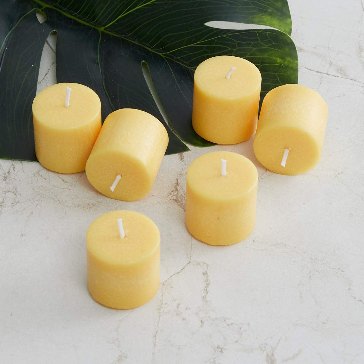 MOWIN Votive Candles Unscented Smokeless Wax Candles Set of 6 Votive Glass Candle Home Decor Small Candle 8-9 Hour (Yellow Votiv