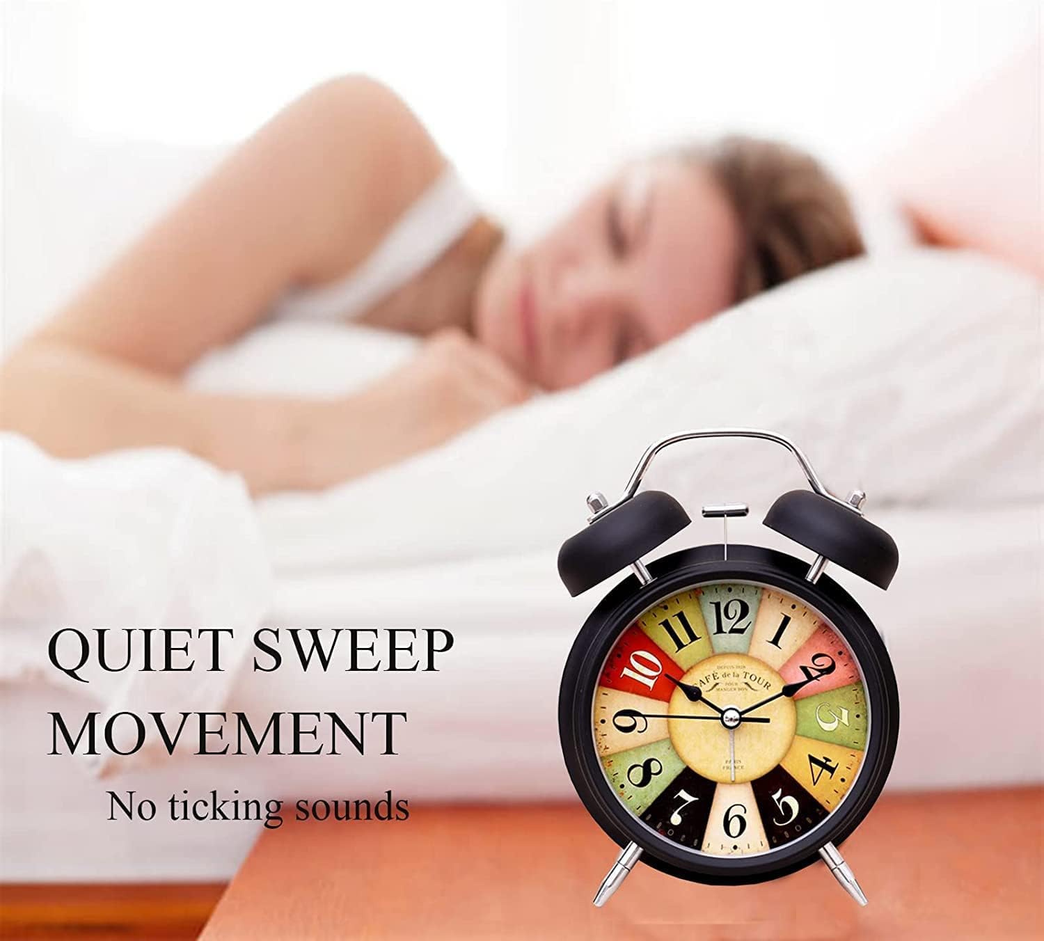 Aerys Retro Twin Bell Alarm Clock, Metal Frame, Night Backlight, Silent Movement, Luminous Table Clock For Students, Bedroom, Of