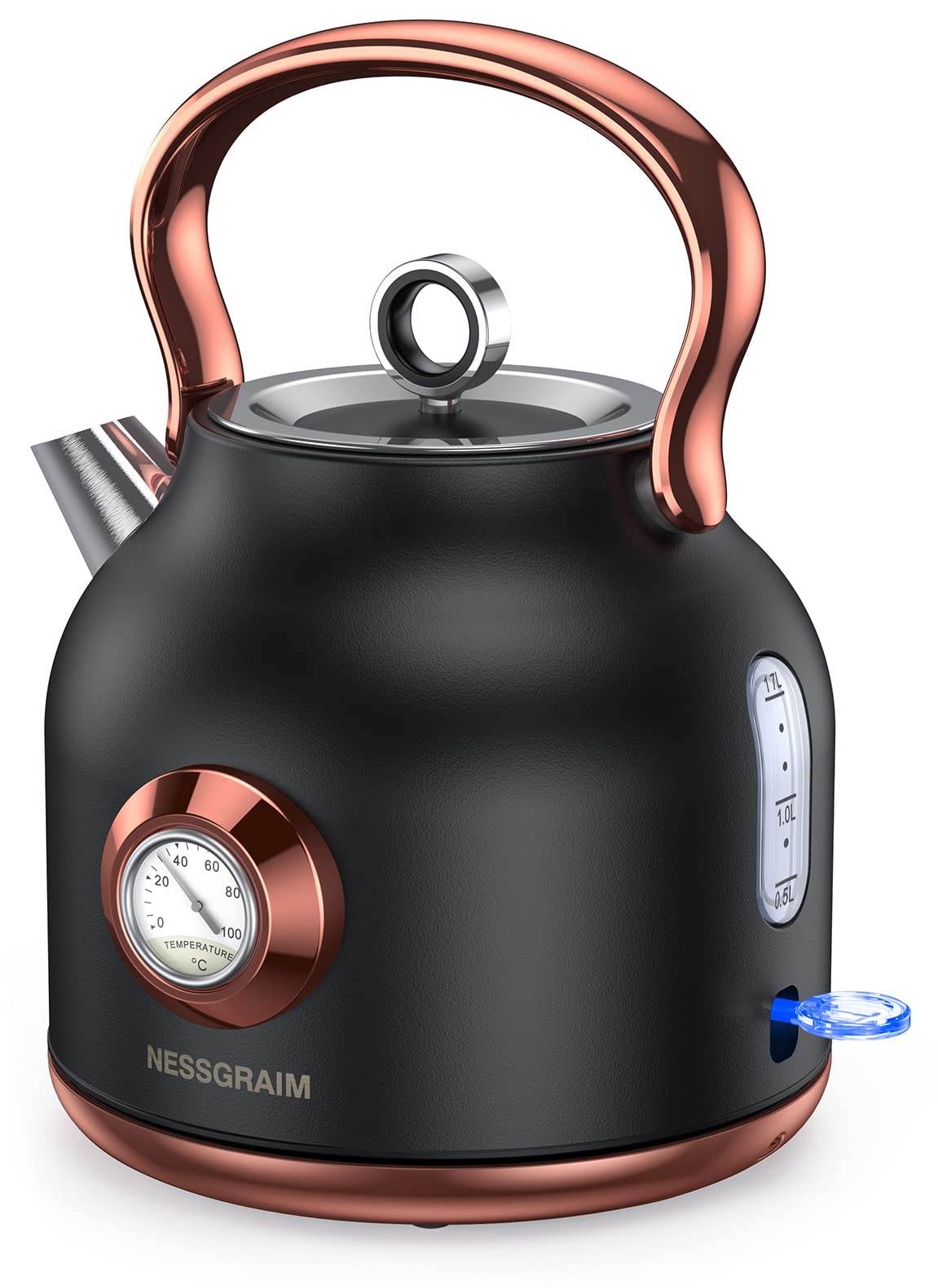 Nessgraim Retro Electric Kettle, 1.7L Stainless Steel Tea Kettle With Large Temperature Gauge, 1500W Fast Heating Hot Water Boil