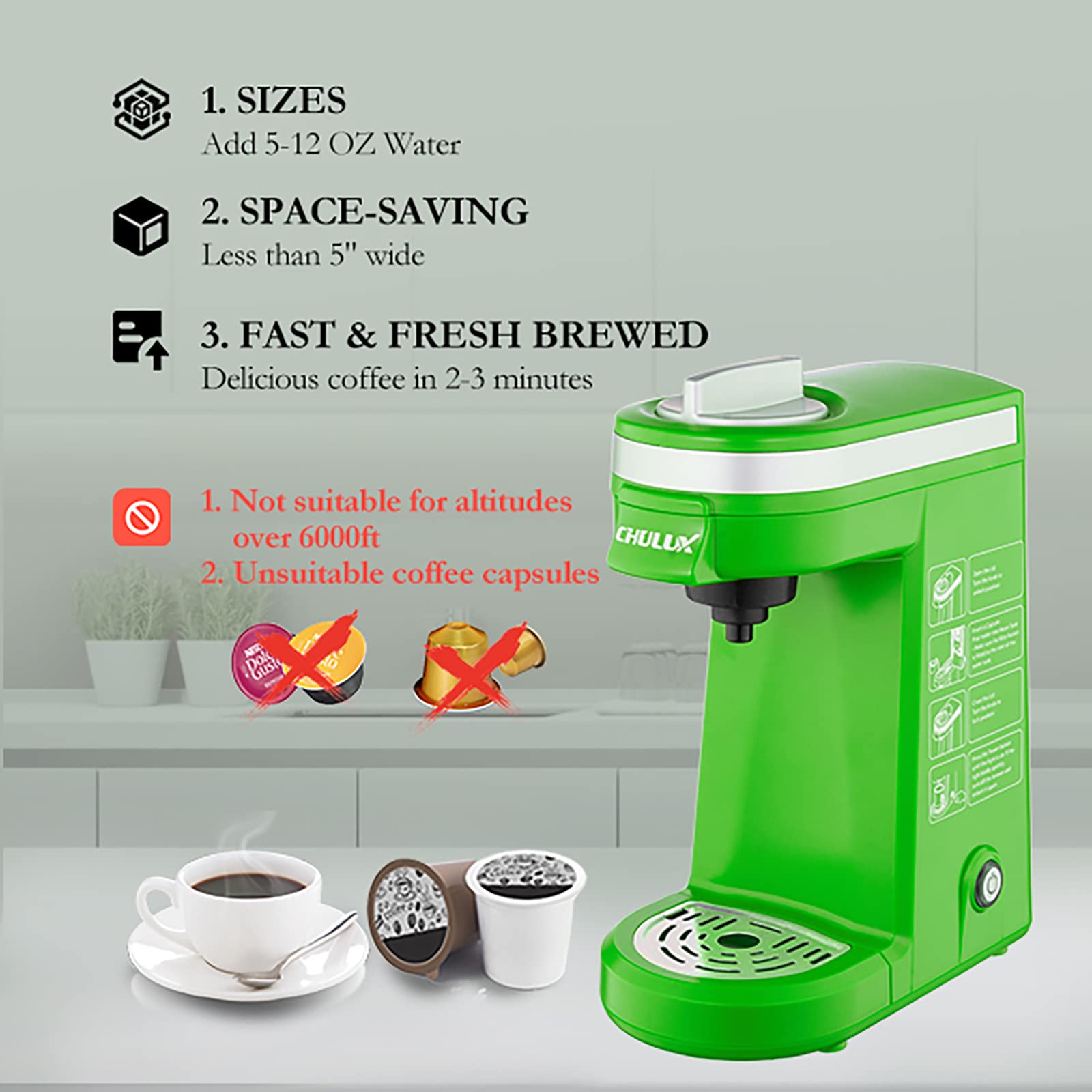 Chulux Single Serve Coffee Maker, Small Single Cup Coffee Maker For K Pod And Ground Coffee, Green
