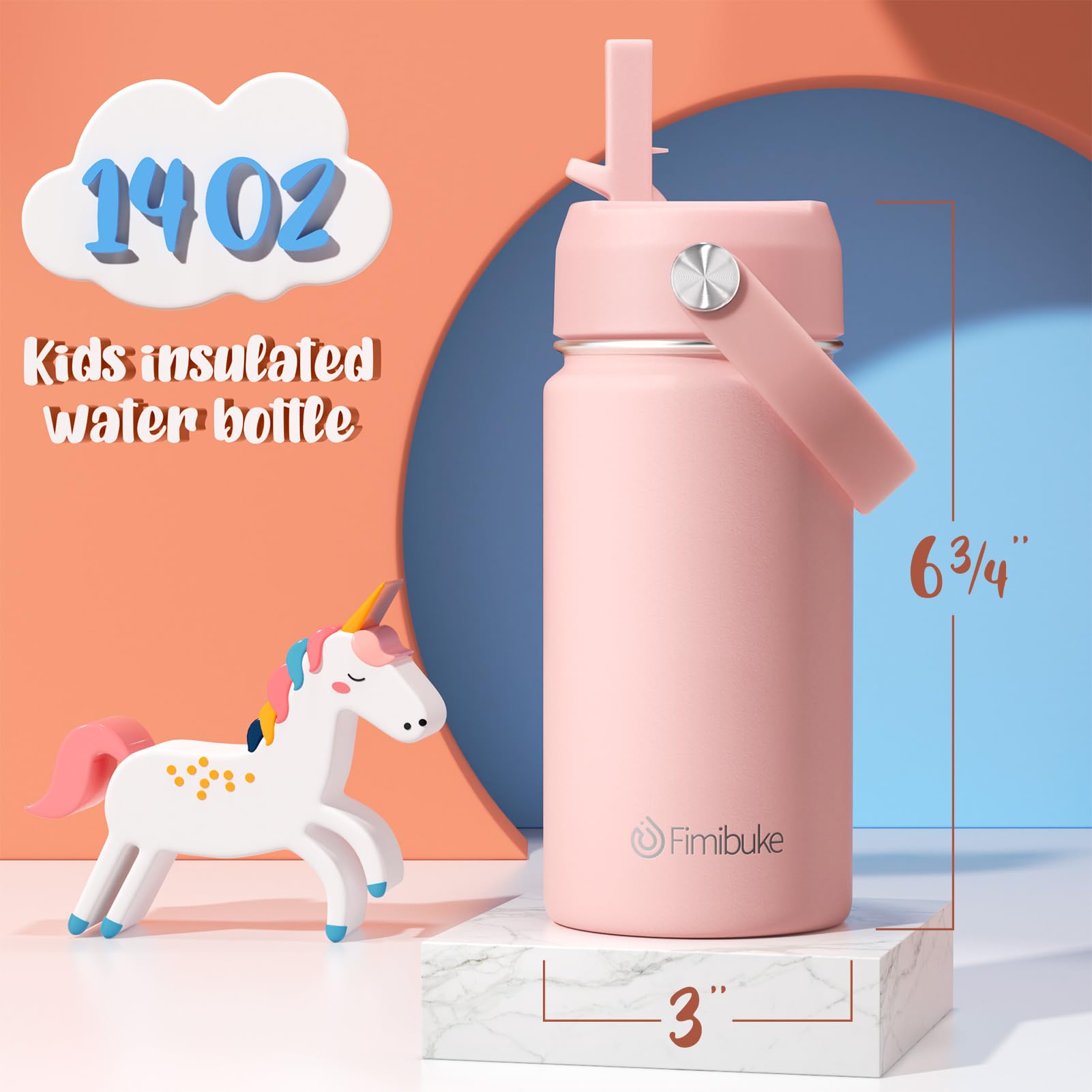 Fimibuke Kids Insulated Water Bottle - 14Oz Bpa-Free Double Wall Vacuum Tumbler 18/8 Stainless Steel Leak Proof Kids Cups With S
