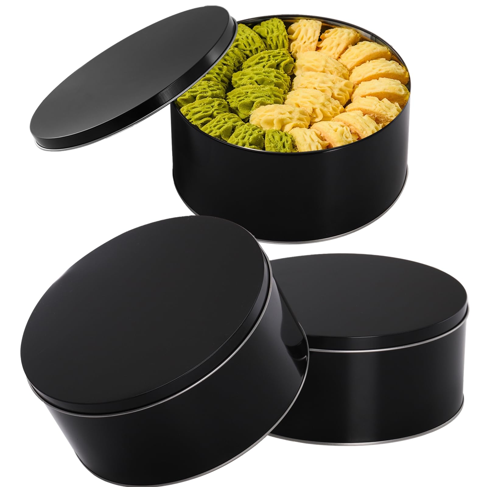 Yopay 3 Pack Cookie Tin With Lid, Round Gift Tin, Black Baking Cake Container For Storing Patisseries, Snack, Chocolate, Easter,