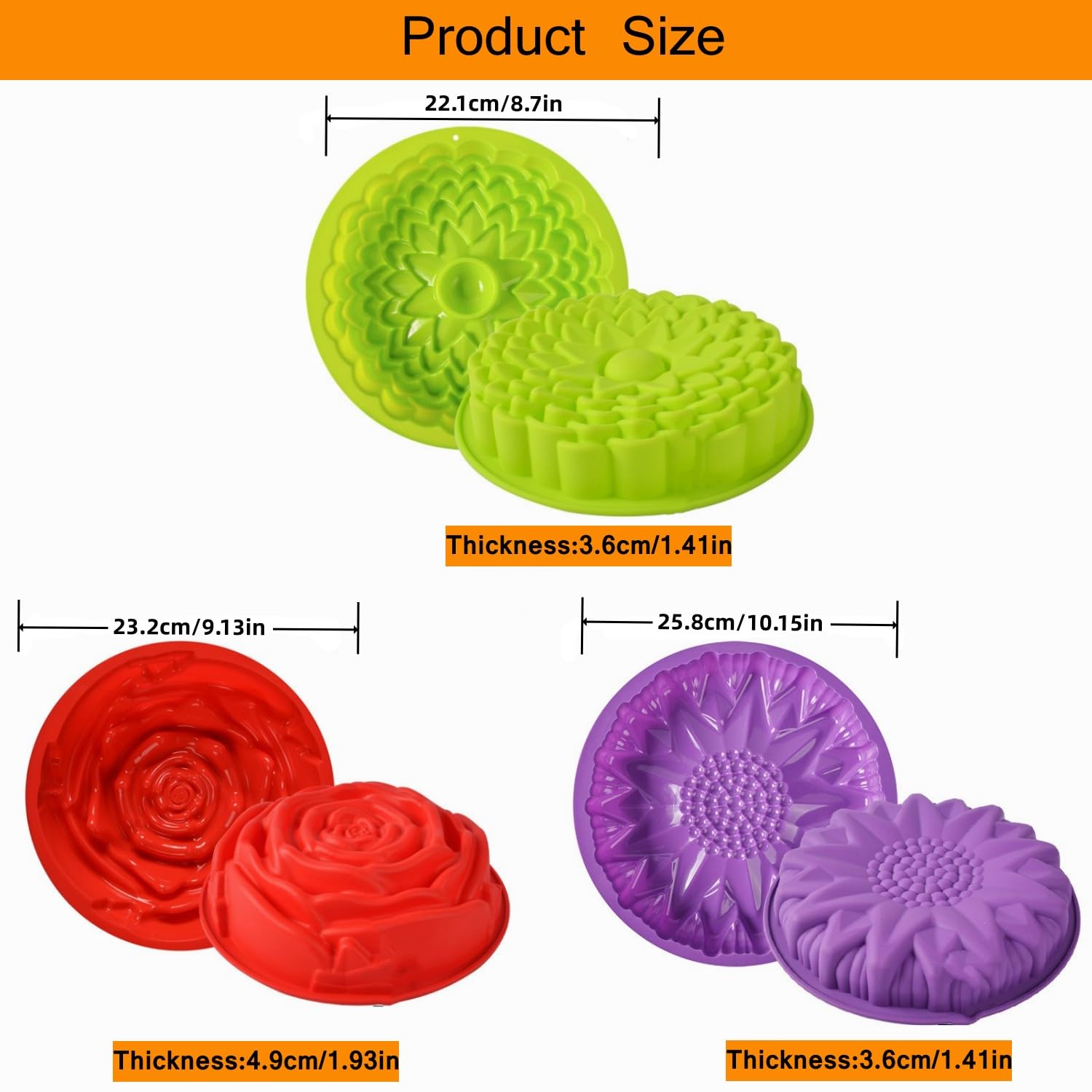 Accfore 3 Pcs Flower Shape Silicone Cake Bread Pie Flan Tart Jello Molds,Non-Stick Silicone Baking Molds,Silicone Cake Molds,Lar