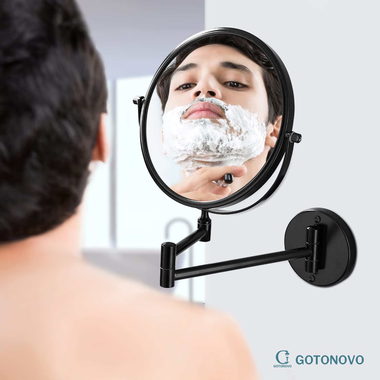 Gotonovo Wall Mounted Magnifying Mirror Pivoting Arm Double Sided Swivel Makeup Vanity Black Telescoping Handheld Mirror 8 Inch