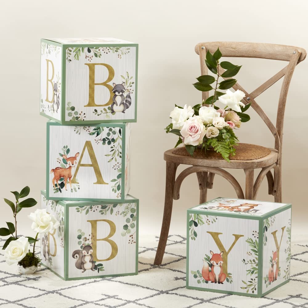 Kate Aspen Woodland Baby Boxes - Set of 4 Stackable Blocks for Baby Shower & Nursery Decor, Model 28593NA