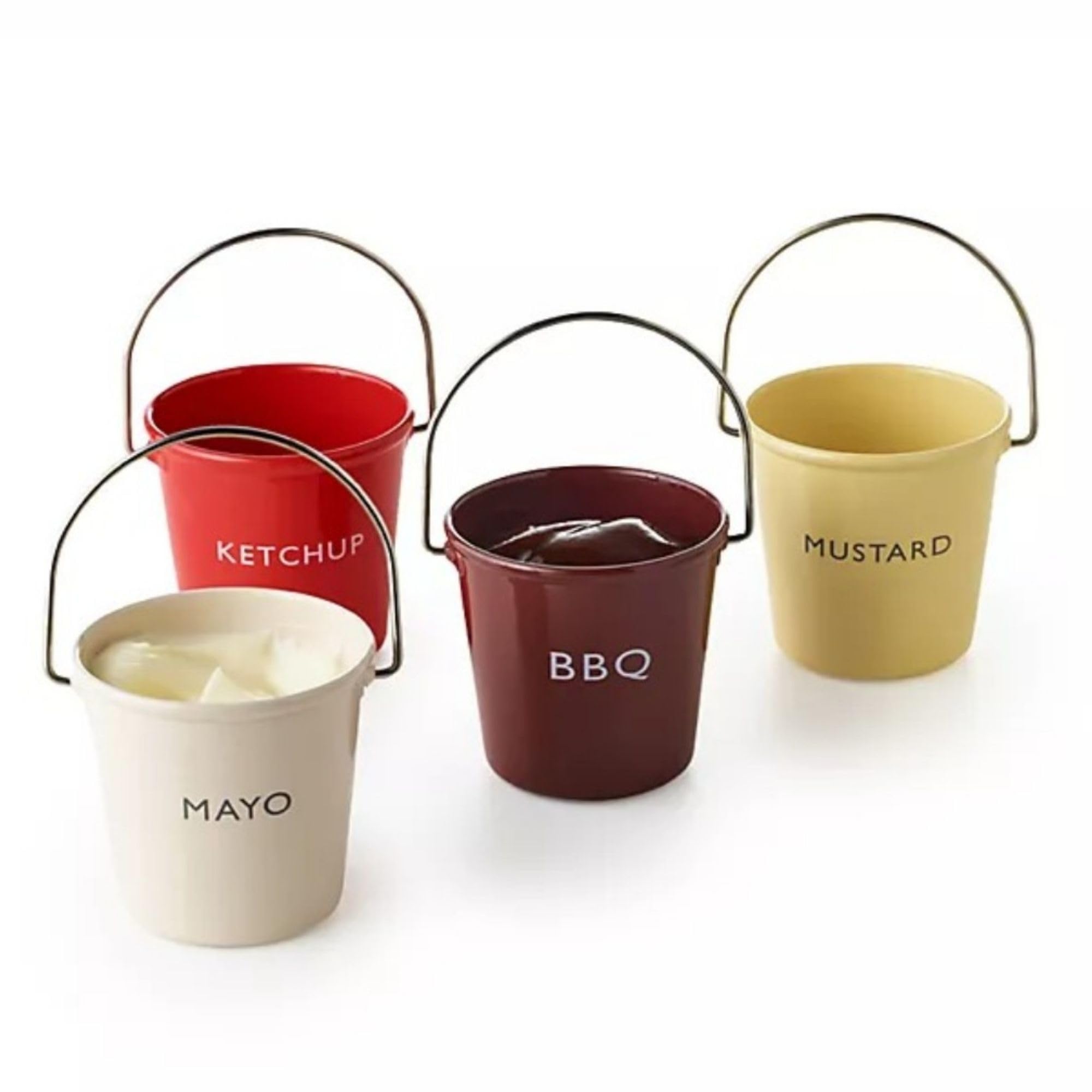 KB KITCHEN BASICS Condiment Bucket (Set of 4) - Labeled Ketchup, Mustard, Mayo, BBQ - Durable Coated Steel Mini Buckets - Assort