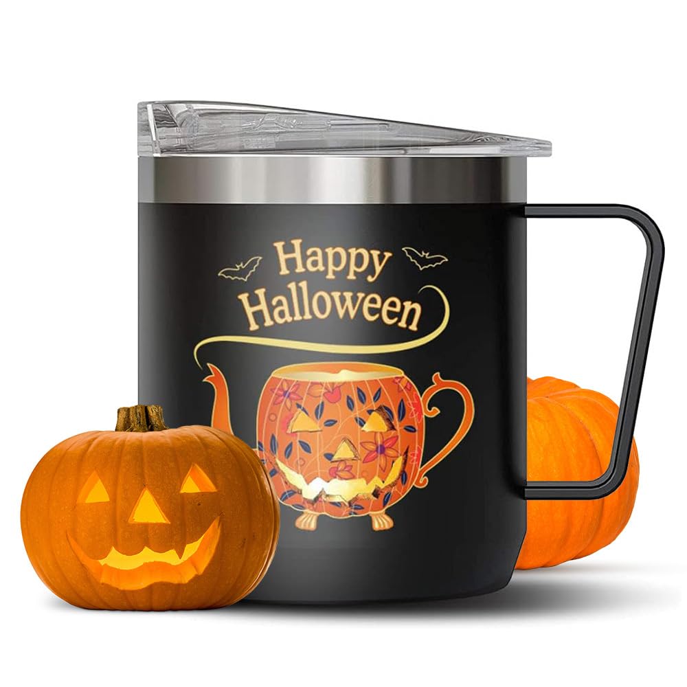 VAHDAM Halloween Pumpkin Mug (10oz) Halloween Coffee Mug - Stainless Steel Double Wall Insulated Mug with Lid & Handle | Hallowe