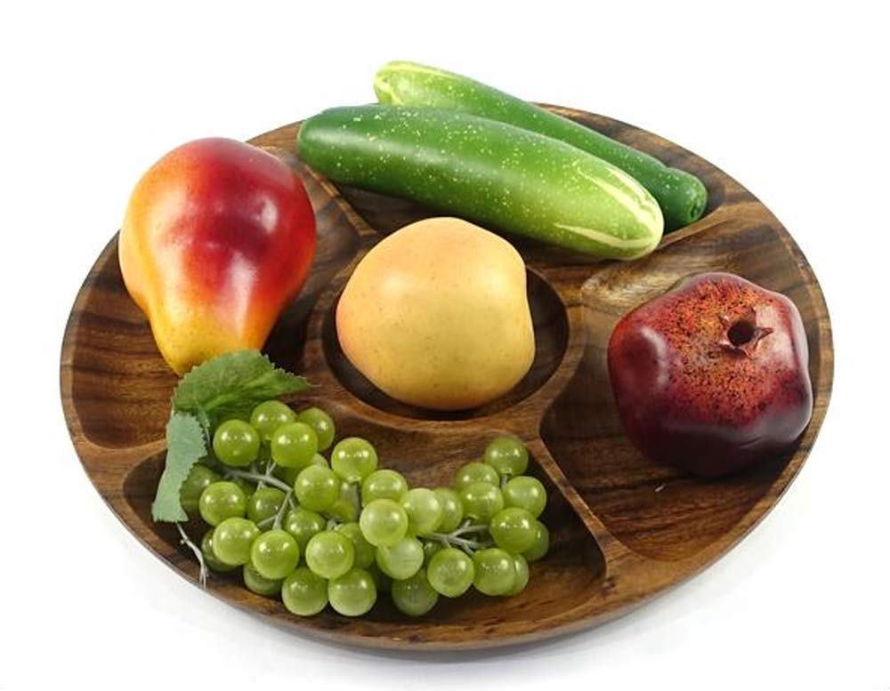 Diameter 12'' Premium Acacia Wooden 5-Compartment Divided Round Wood Plate Divided Dessert Serving Trays Platters 5 Section