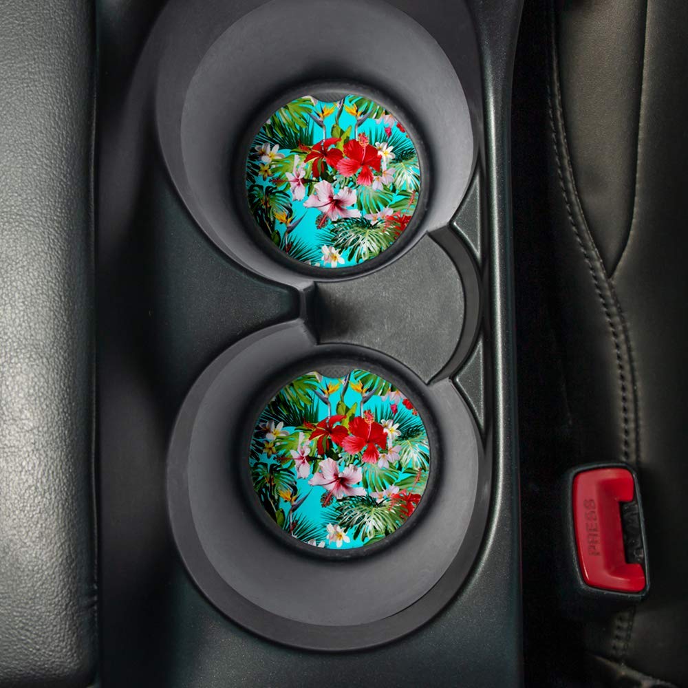 Tropical Red Hibiscus | Car Coasters For Drinks Set Of 2 | Perfect Car Accessories With Absorbent Coasters. Car Coaster Measures