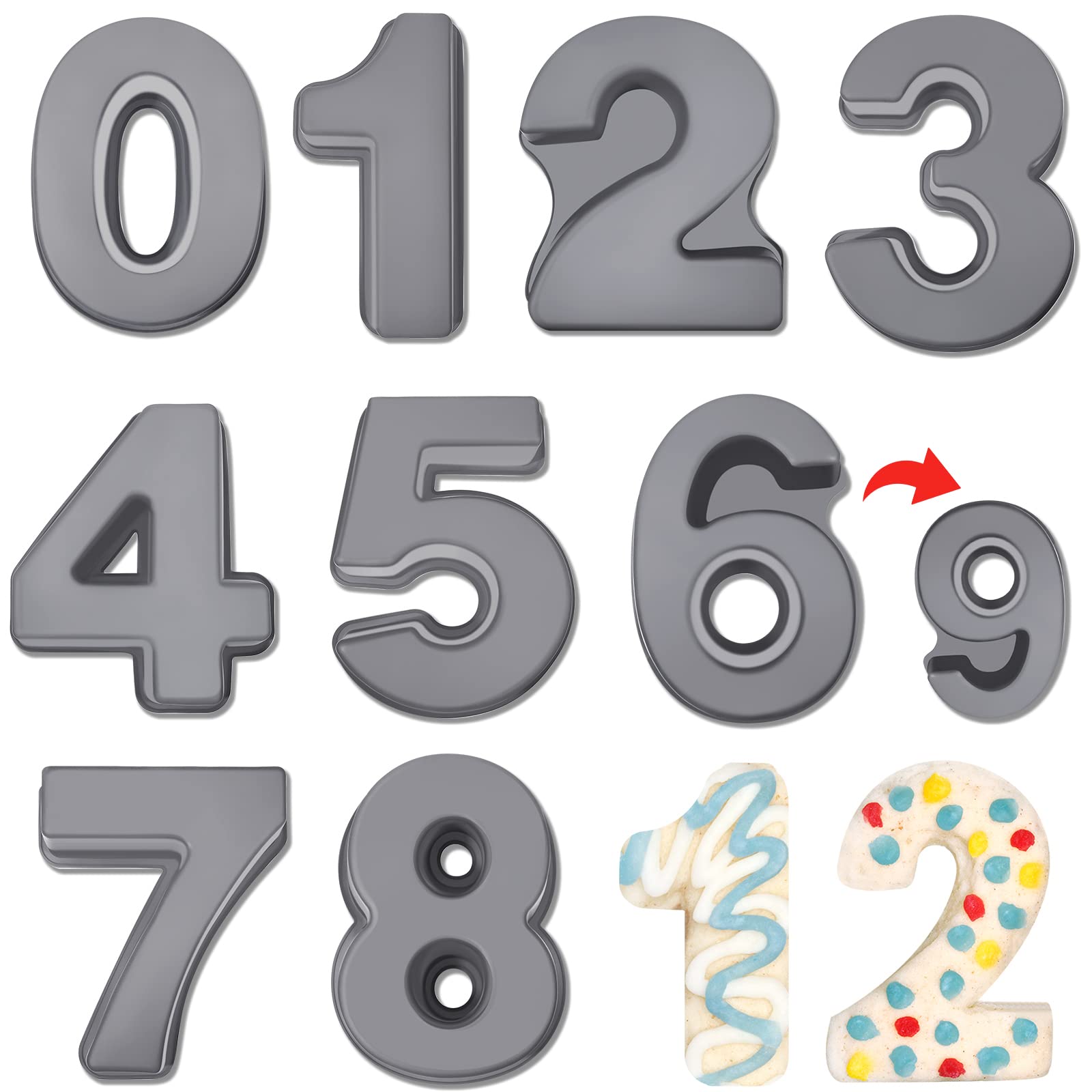 9 Pcs 10 Inch Number Moulds Baking Forms Large Silicone Number Mold 3D Cake Mold Big 0-9 Number Cake Pan Digital Baking Silicone