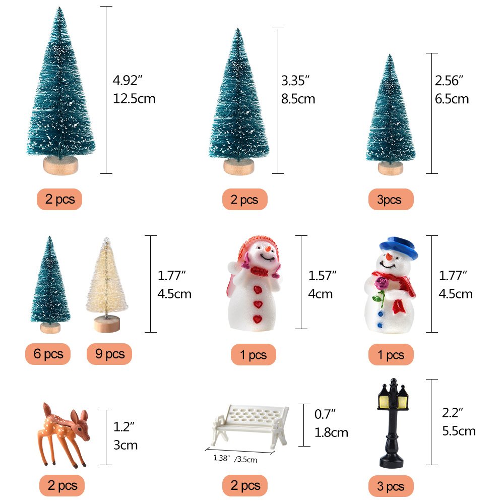 KUUQA Mini Christmas Trees Bottle Brush Trees with Snowmen Reindeer, 31Pcs Christmas Village Sets Village Accessories Ornaments