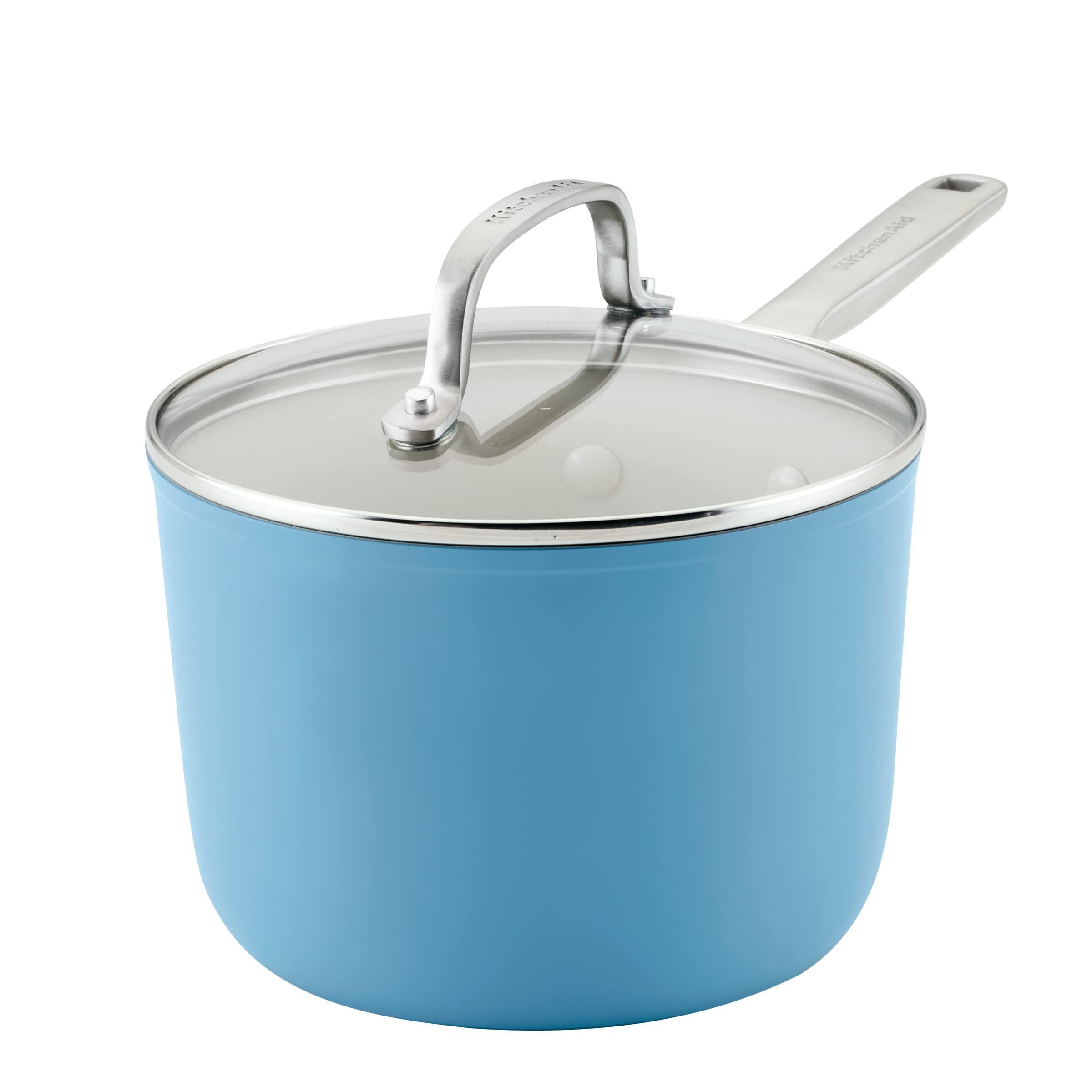 KitchenAid Hard Anodized Ceramic Nonstick Cookware Sauce Pan with Lid, 3 Quart - Blue Velvet