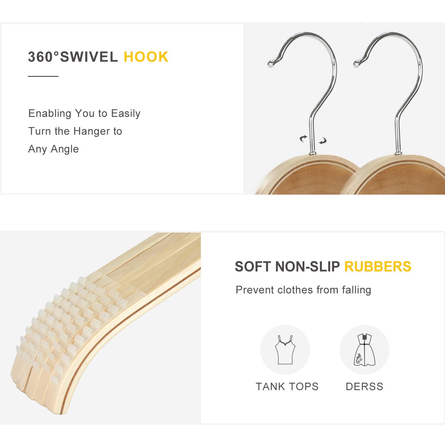 Topia Hanger Slim Natural Wood Hangers With Extra Soft Non-Slip Rubber Grips, 10-Pack High-Grade Fashion Hanger No Shoulder Bump