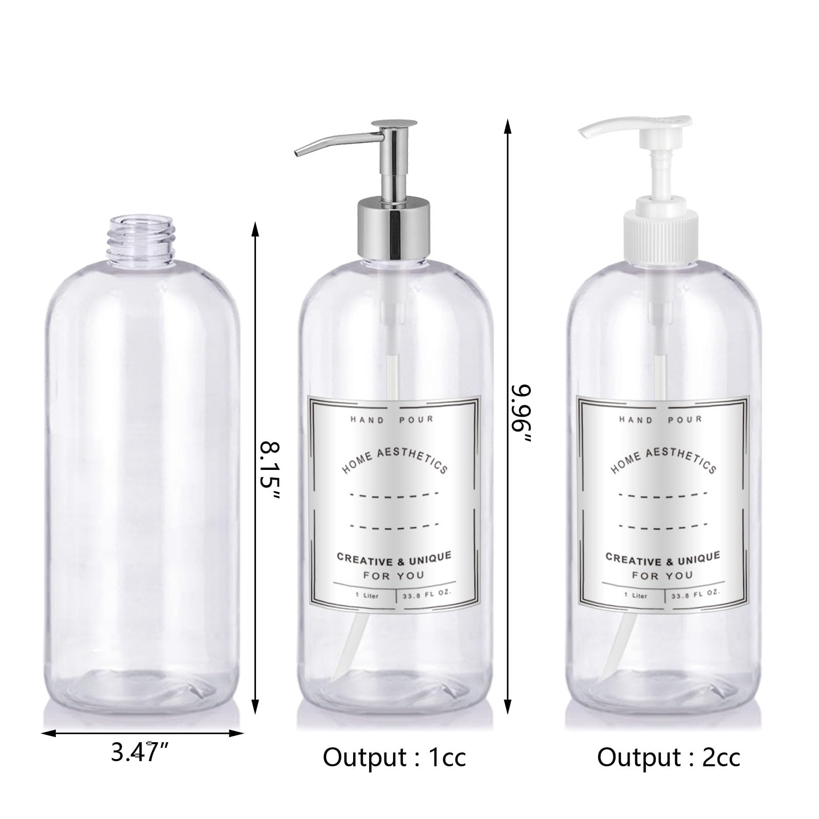 Refillable 32Oz Dispenser Plastic Bottle 2Pack With Steel Pumps, 1 Liter Crystal Clear Multi-Use Empty Container With Funnel For