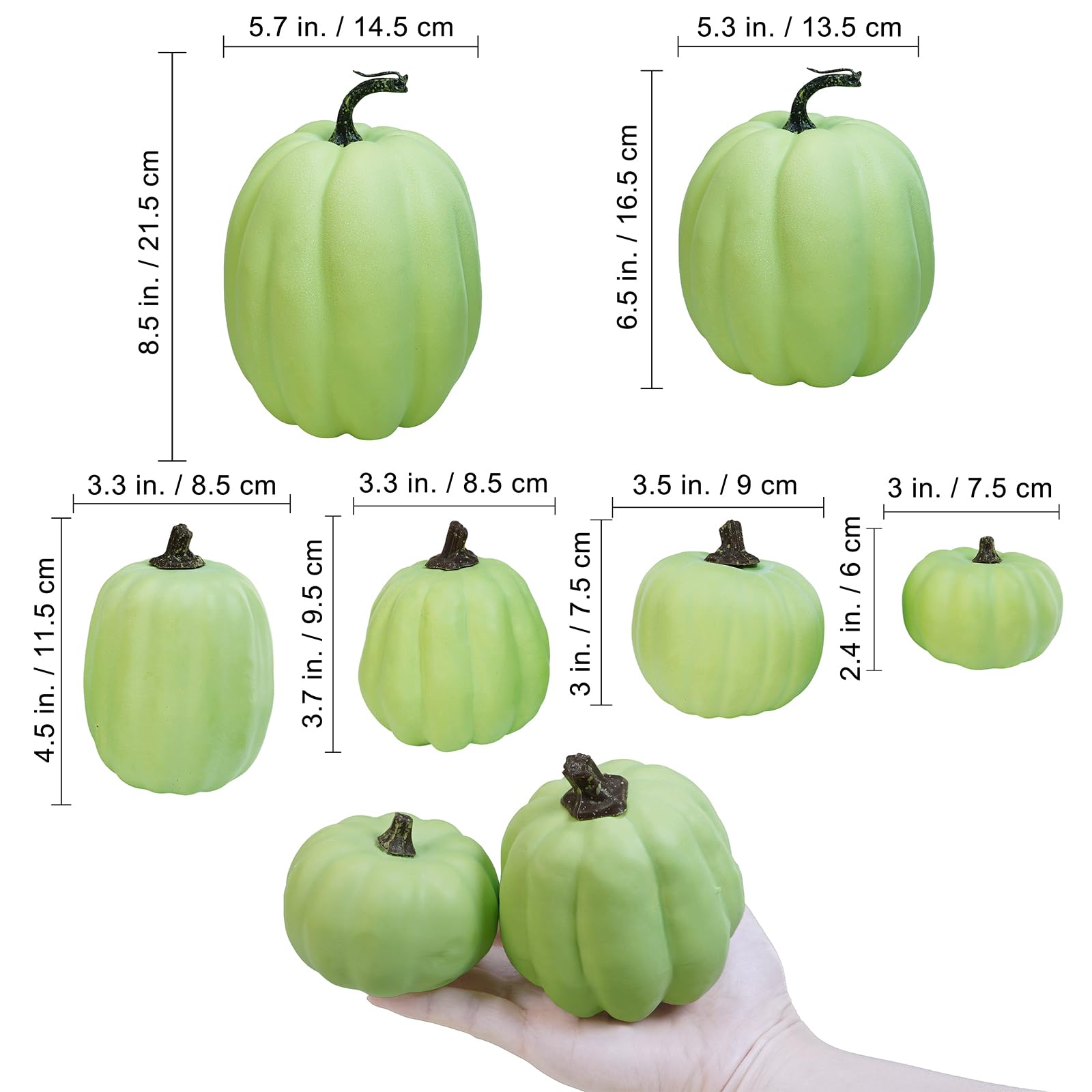 Winlyn 7 Pcs Assorted Light Green Artificial Harvest Pumpkins Decorative Foam Pumpkins for Thanksgiving Halloween Fall Wedding T