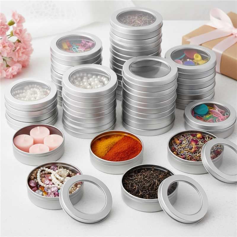 TecUnite 100 Pcs 4 oz Metal Tin Cans Small Round Tin Container Cans with Clear Lid Spice for Kitchen Office Home Candle Storage 