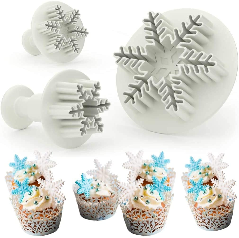 The Baking Therapy Snowflake Cookie Cutter Set  3Pcs Fondant Plunger Stamp Mold for Christmas Holiday Cake Decorating, Cupcake 