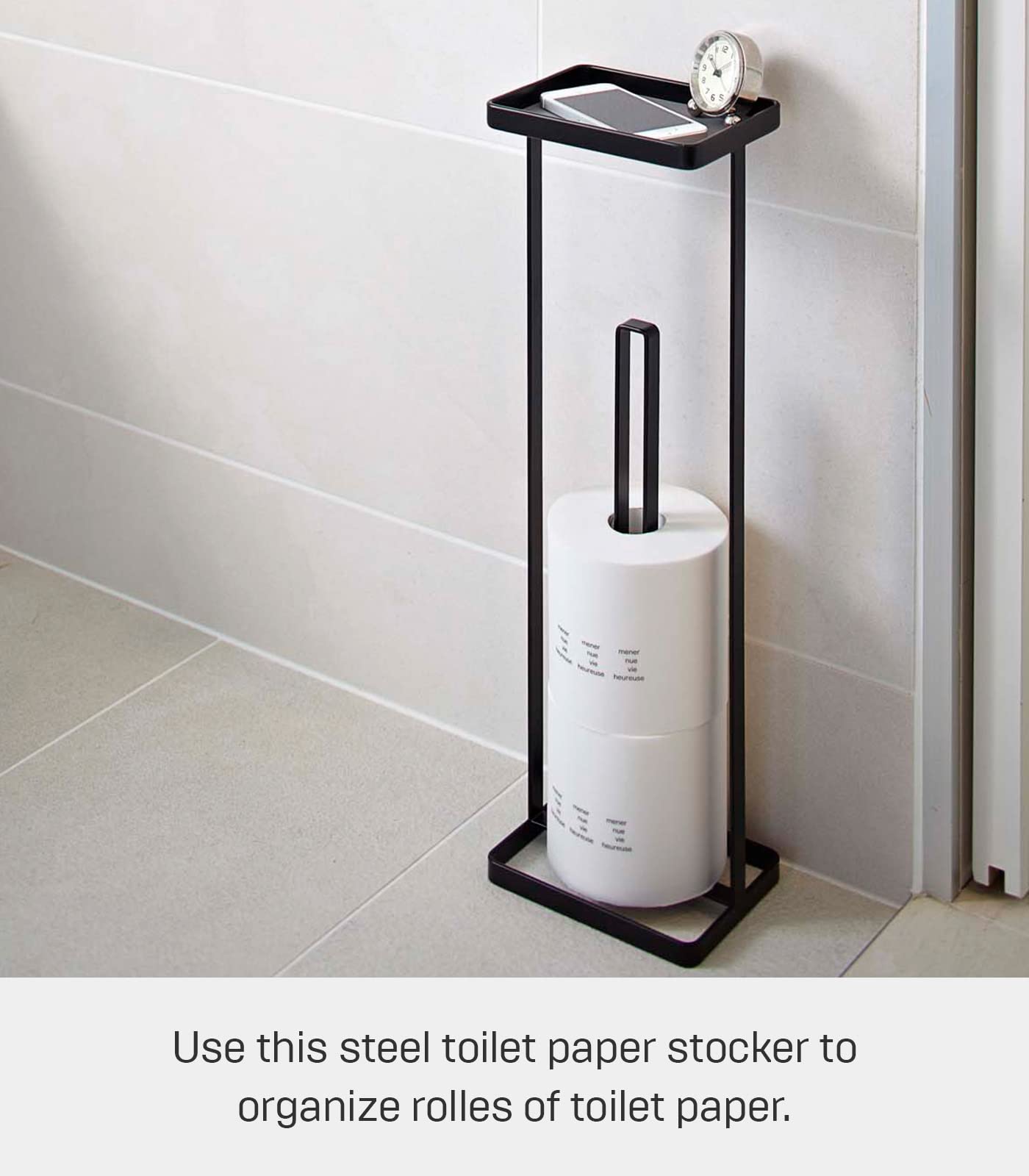 Yamazaki Home Roll Stand With Tray | Steel | Toilet Paper Stocker, One Size, Black