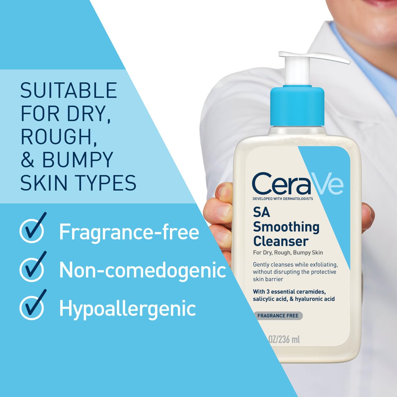 ceraVe SA - Detergente levigante per viso e corpo  per pelle secca  ruvida e irregolare  con acido ialuronico  salicilico e 3 ceramidi essenziali  2 flaconi da 236 ml