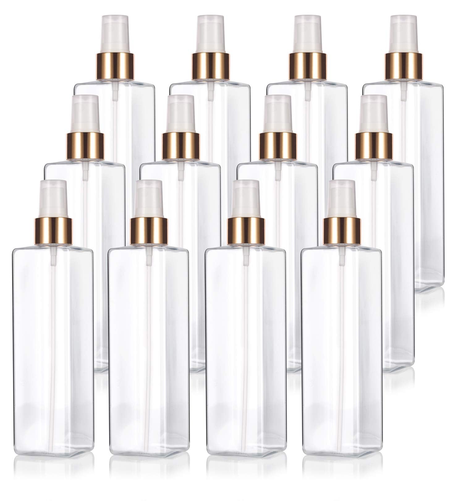 JUVITUS (12 pack) 8 oz Clear Plastic PET Square Bottle with Gold Mist Spray