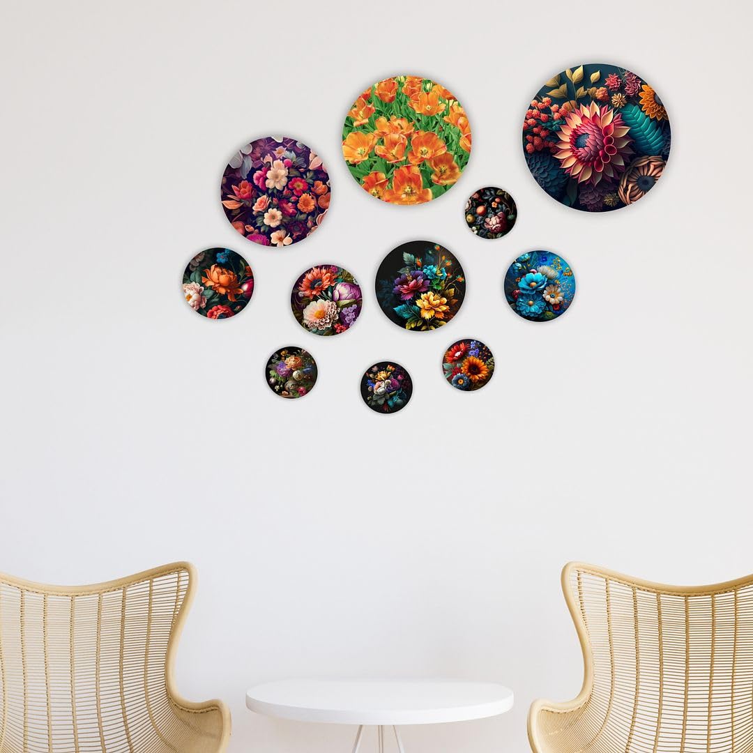 Cvanu Set Of 11 Floral Design Printed On Round Shaped Wall Art Hanging Self-Adhesive Double Sided Tape For Wall Decoration_C118