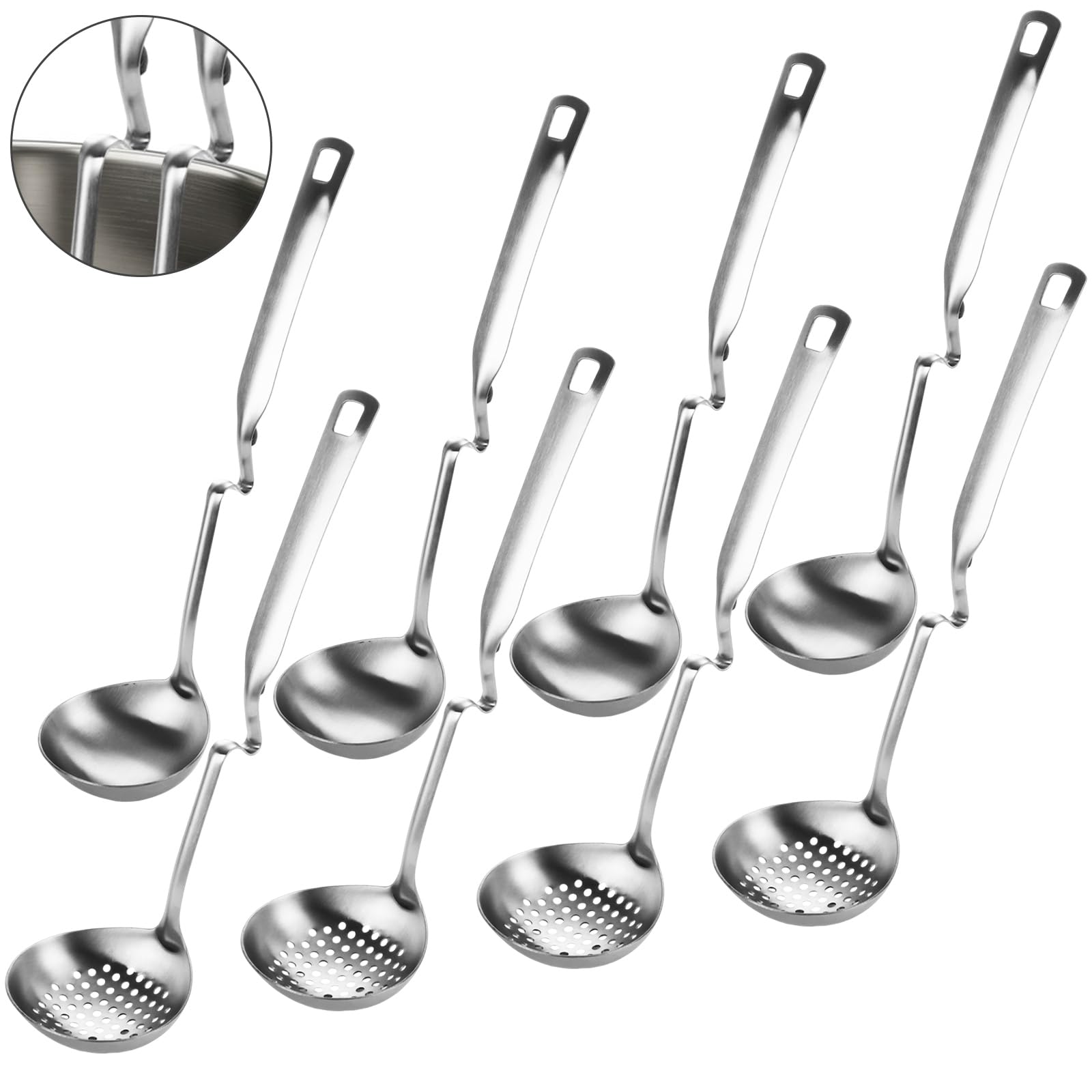 LDXDRU 8 Pcs Hot Pot Utensils, Stainless Steel Slotted Scoop and Soup Ladle Set, 304 Silver Hanging Strainer Ladle 12.2 x 3.1 in