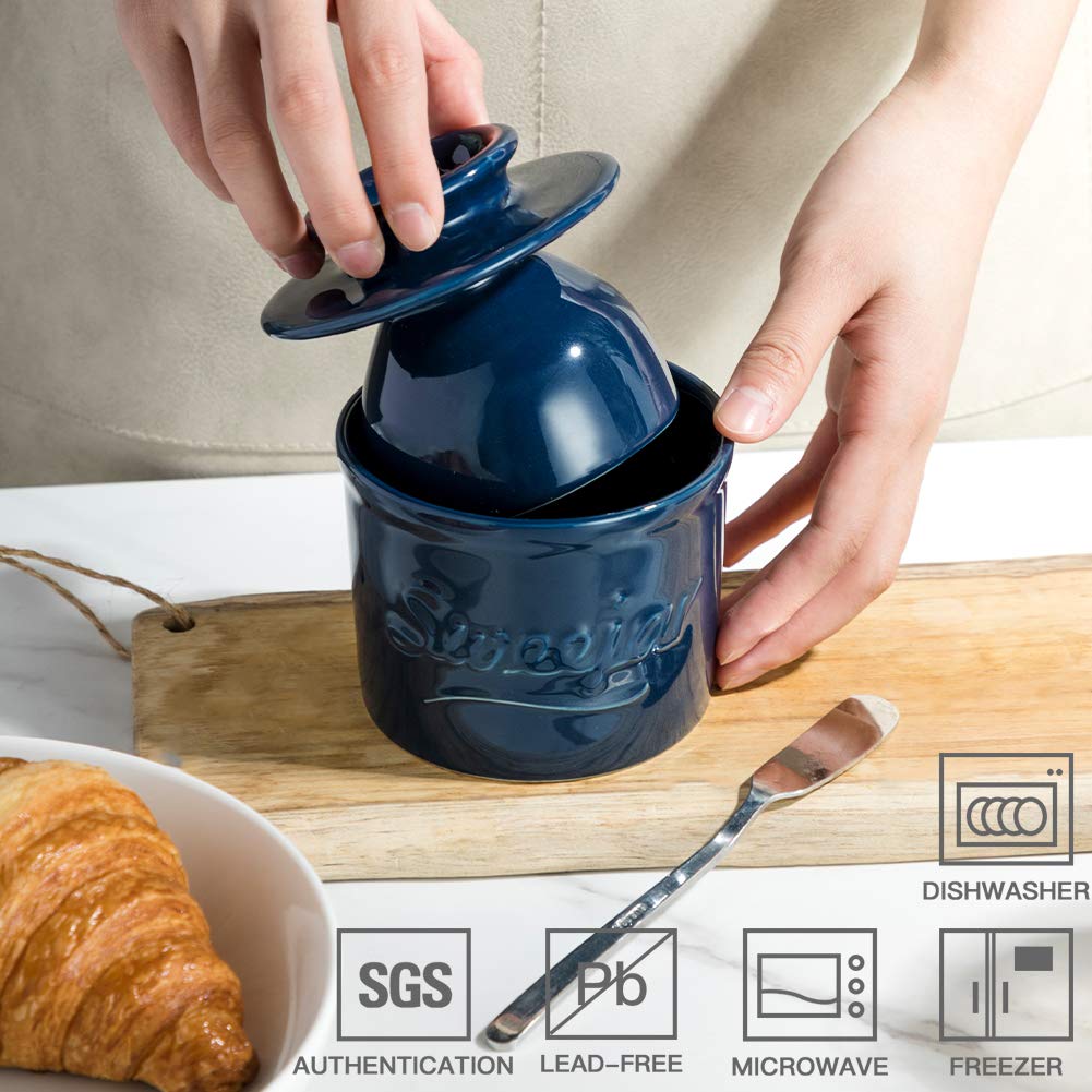 Sweejar Porcelain Butter Crock Keeper, French Butter Dish Keeps The Butter Fresh Soft & Spreadable, Serving Butter Easy For Brea