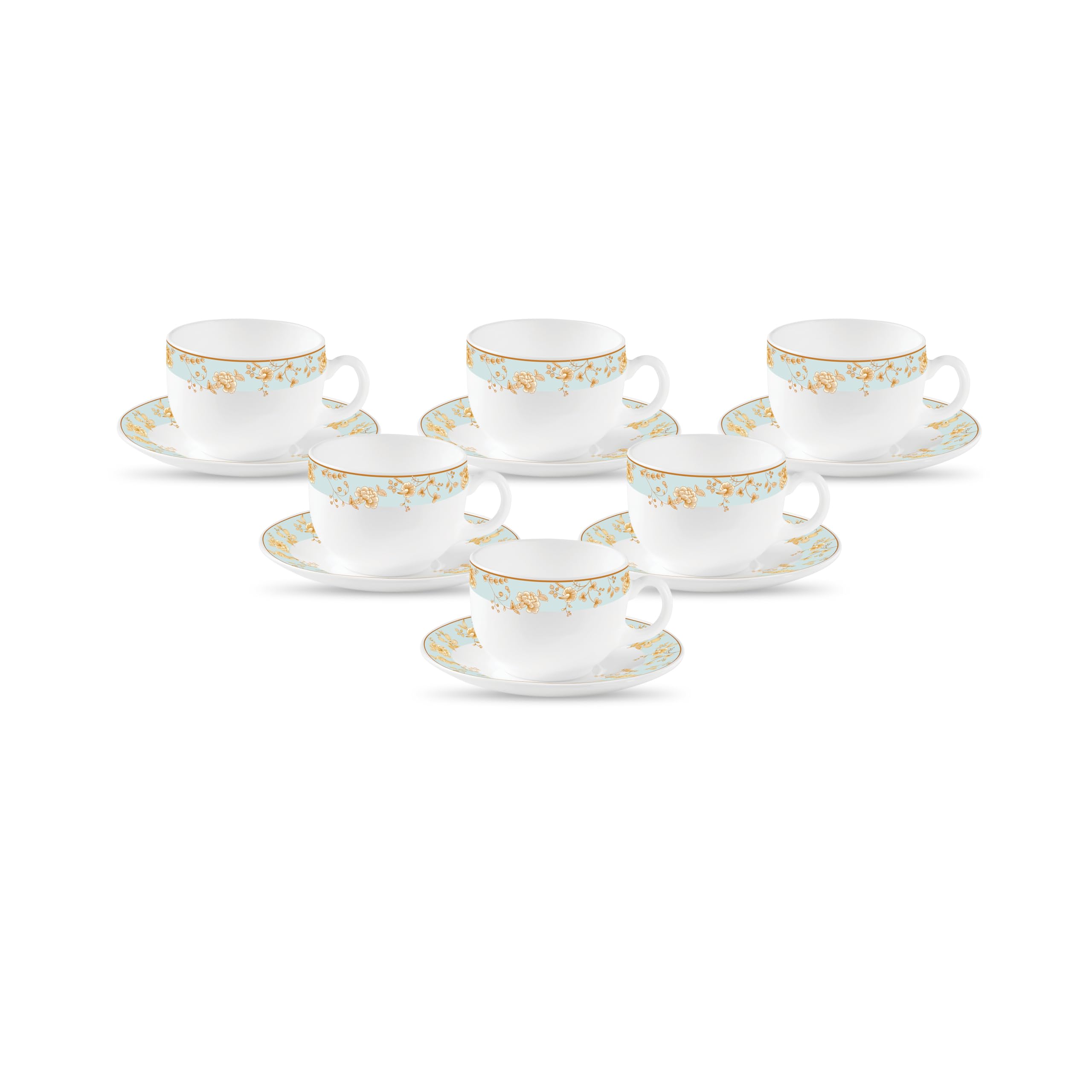 La Opala Diva, Sovrana Collection Opal Glass Crockery | Cup & Saucer, Set Of 12 | Medusa Gold, 160 Ml | For Tea & Coffee | Micro