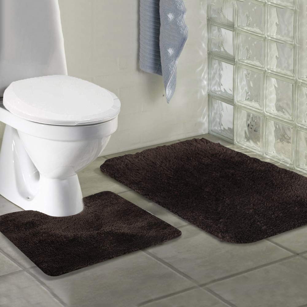 Walensee Shaggy 2 Piece Bath Rug Sets (Brown) 20 X 24 U Shape Contour Rug & 20 X 32 Bathroom Rug Machine Wash/Dry Bath Mats For