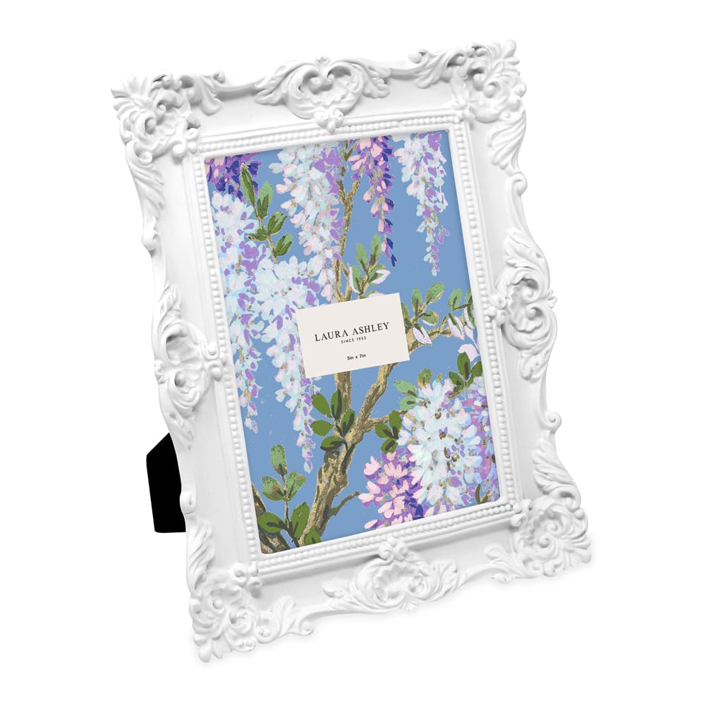Laura Ashley 5x7 White Ornate Textured Hand-Crafted Resin Picture Frame with Easel & Hook for Tabletop & Wall Display, Decorativ