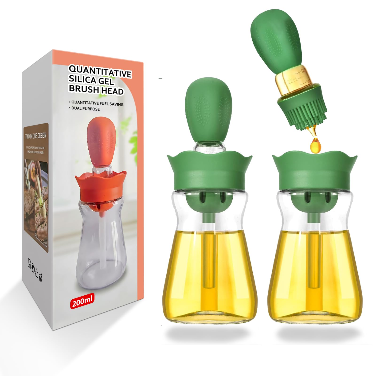 Oil Dispenser with Brush-2Pack 7oz/200ML 2 IN 1 Glass Cooking Oil Dispenser Bottle with Silicone Basting Brush for Kitchen, Oil 