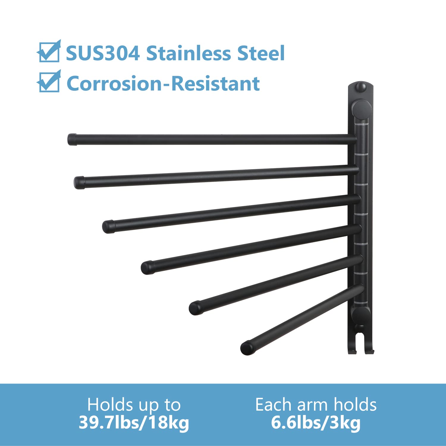 JSVER Bathroom Towel Rack - 6 Arms Wall-Mounted Stainless Steel Holder in Black, Model JSVER-TR000