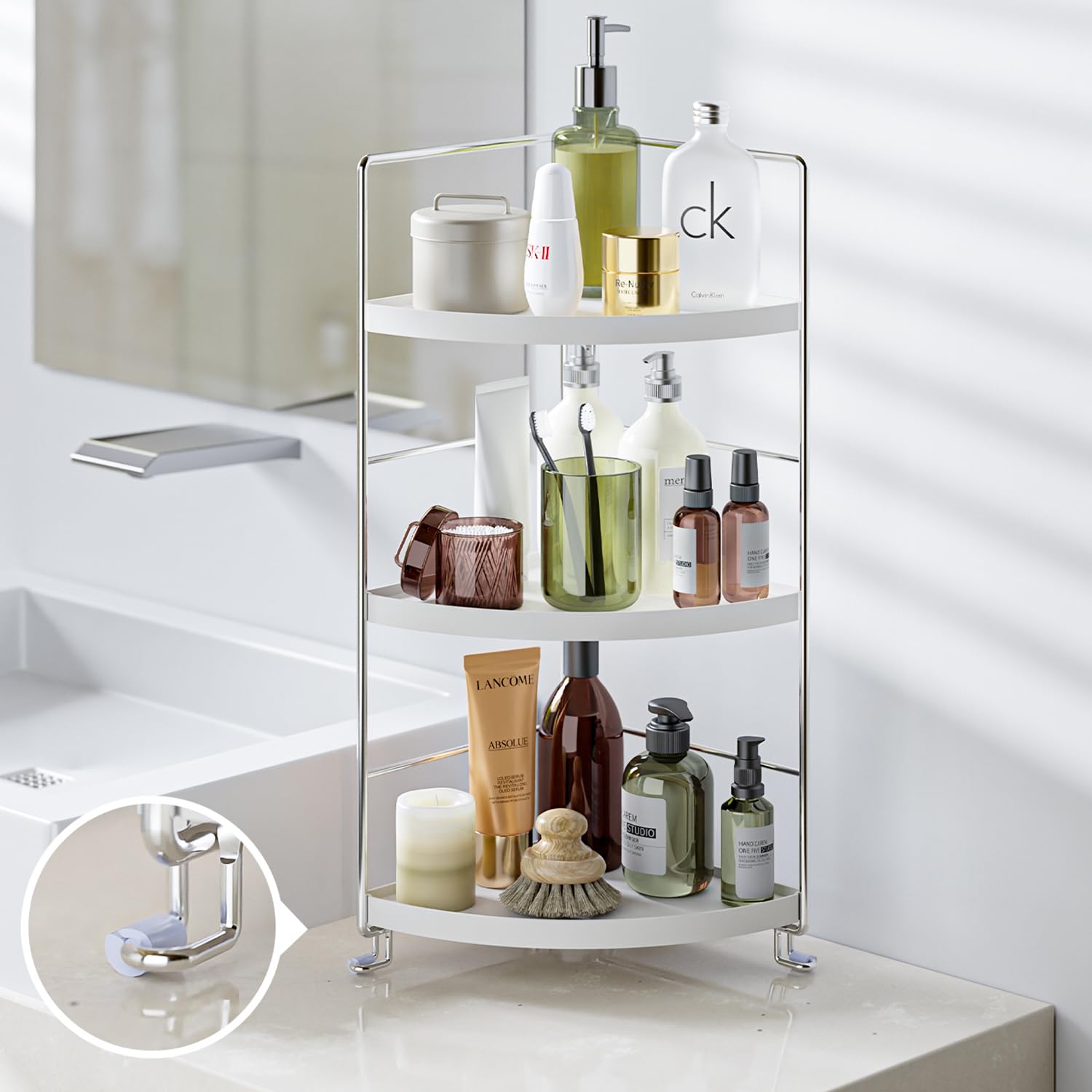 Kingberwi 3-Tier Corner Spice Rack Kitchen Bathroom Countertop Organizer Vanity Tray Cosmetic Makeup Storage Standing Shelf, Whi