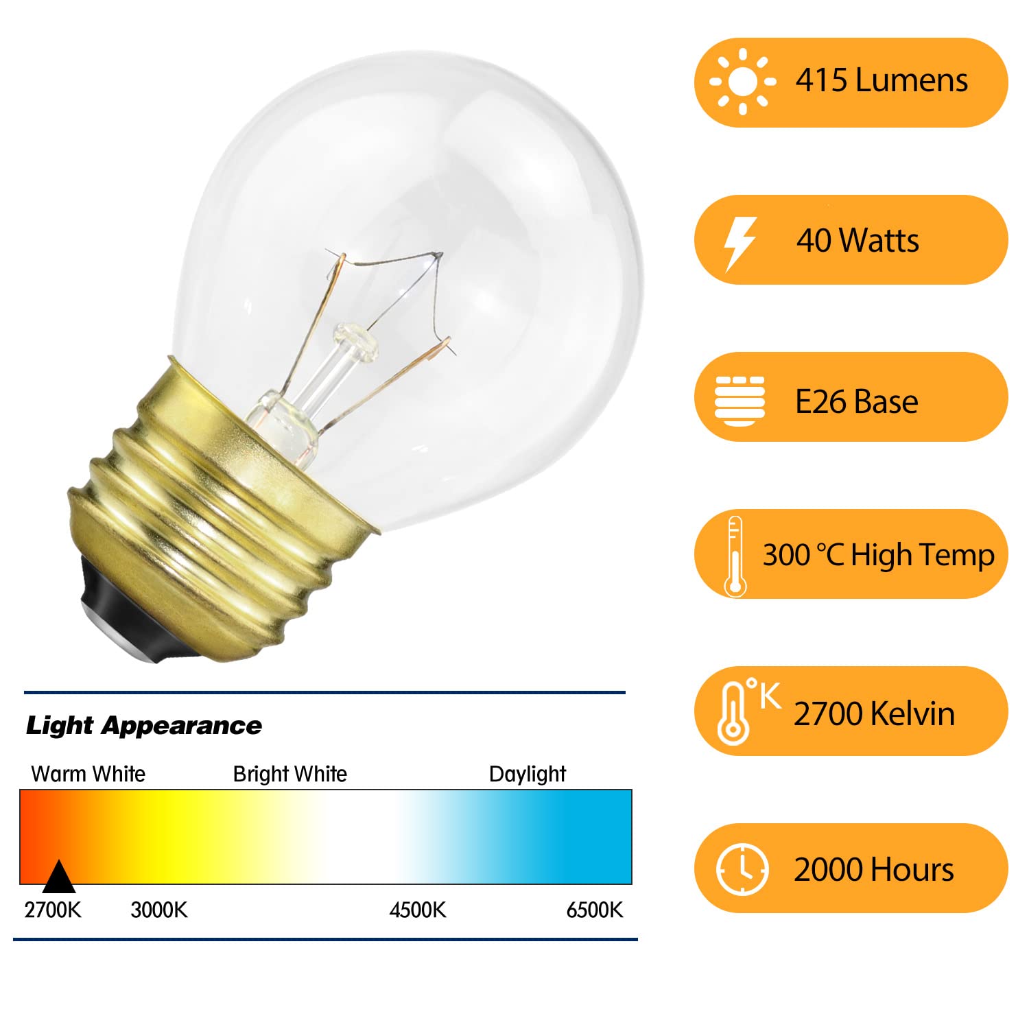 Oven Light Bulb 40 Watt  G45 Clear - High Temp 120V 415 Lumens E26 Standard Base  Appliance Light Bulb for Stove Refrigerator Microwave 4-Pack