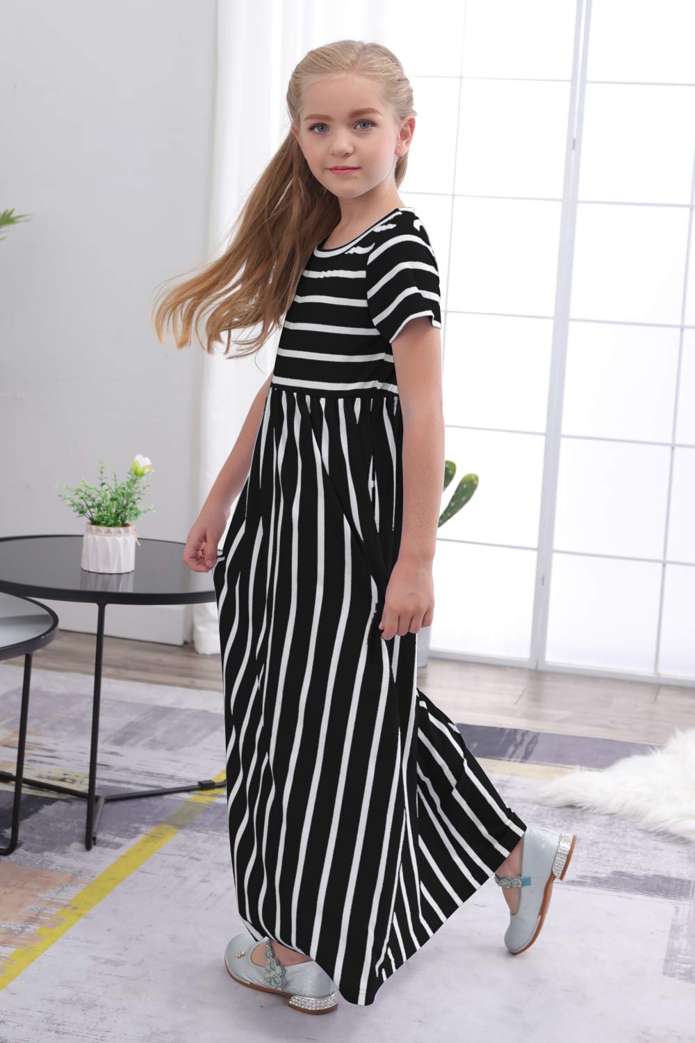 Gorlya Girls Short Sleeve Floral Print Loose Casual Holiday Long Maxi Dress With Pockets 4-12 Years (9-10Yearsheight:140Cm, Blac