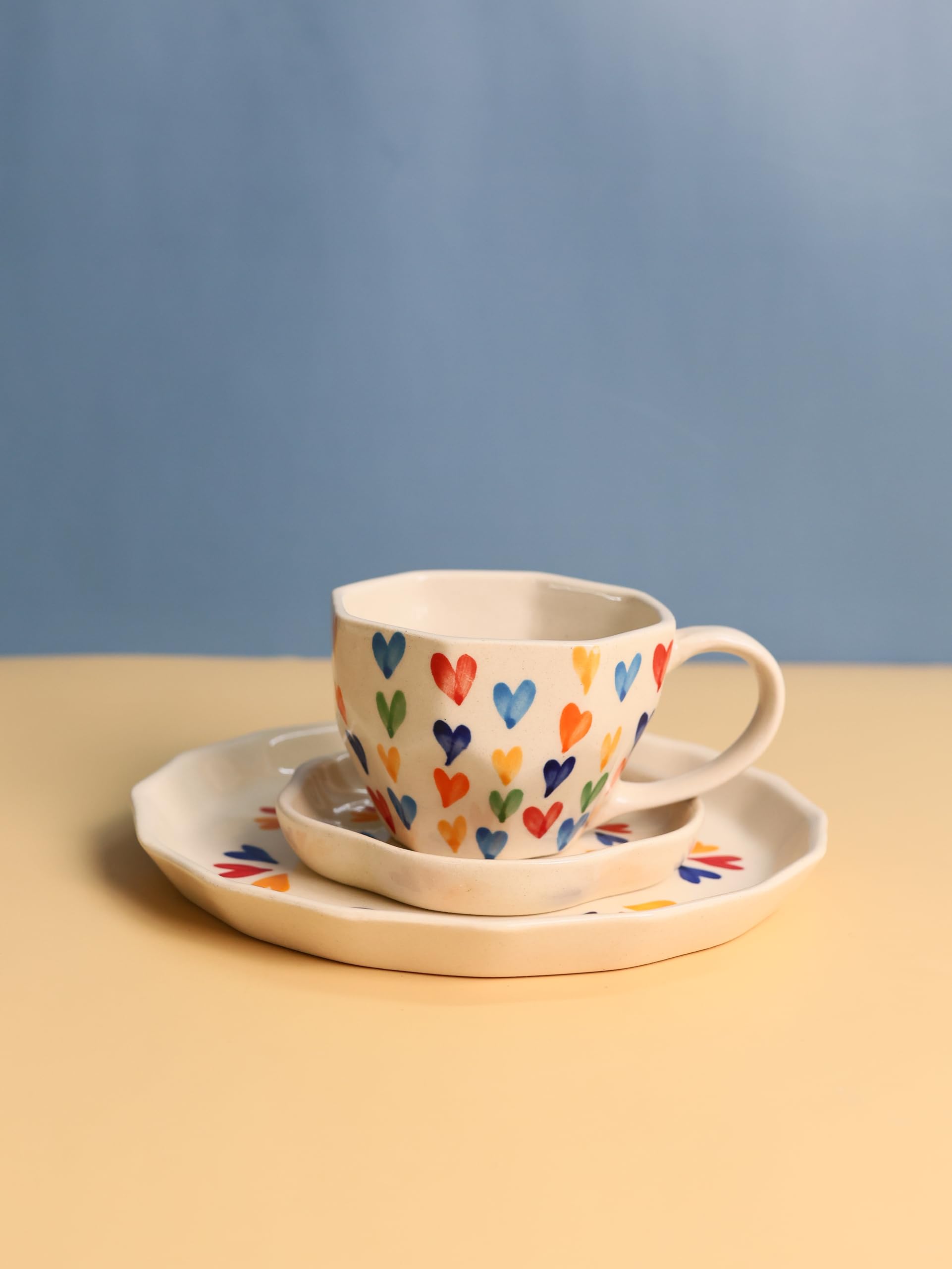 Weaving Homes Handcrafted Ceramic #Loveislove Coffee Mug, Snack & Dessert Plates - Set Of Three, Ceramic Mug & Plate, Serveware,
