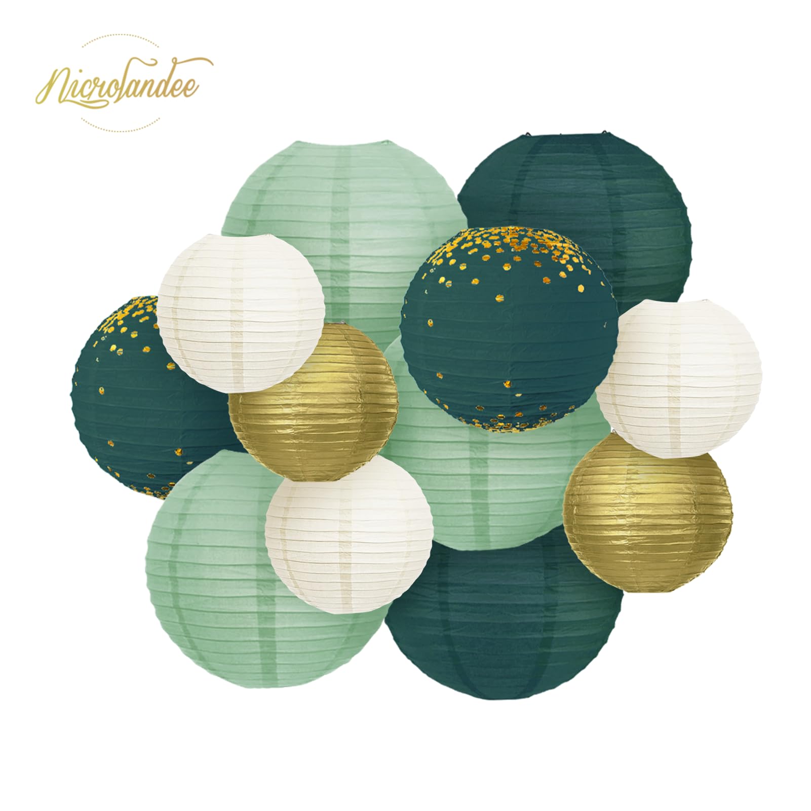 NICROLANDEE Wedding Party Decorations - 12Pcs Green Gold Hanging Paper Lanterns for Rustic Style Spring Decor Bridal Shower Baby Shower Birthday Eucalyptus Neutral Party Decor (Forest Green)