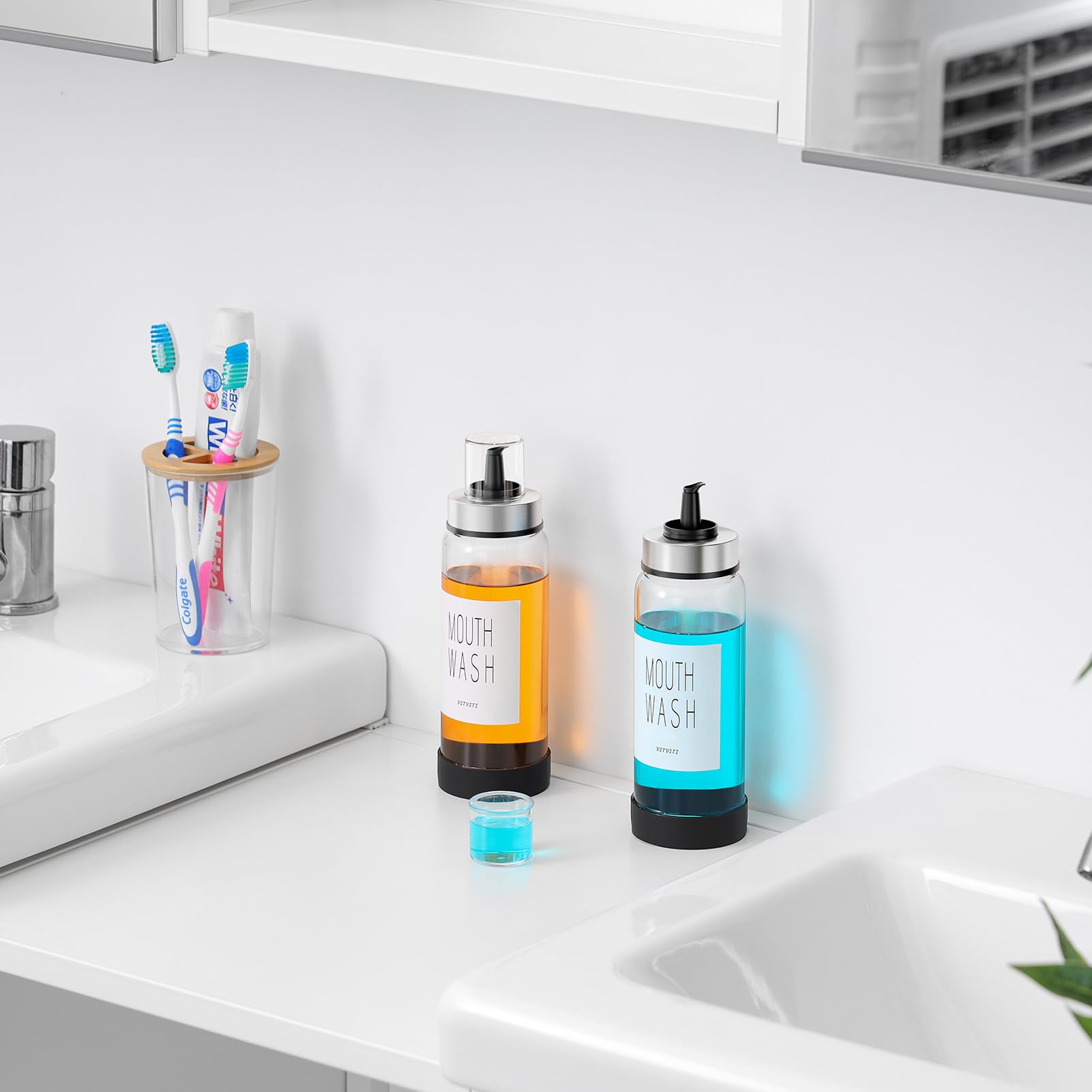 Vitviti 10Oz Mouthwash Dispenser For Bathroom, Glass Mouth Wash Container With Cup Lid, Clear Refillable Mouthwash Bottle Decant
