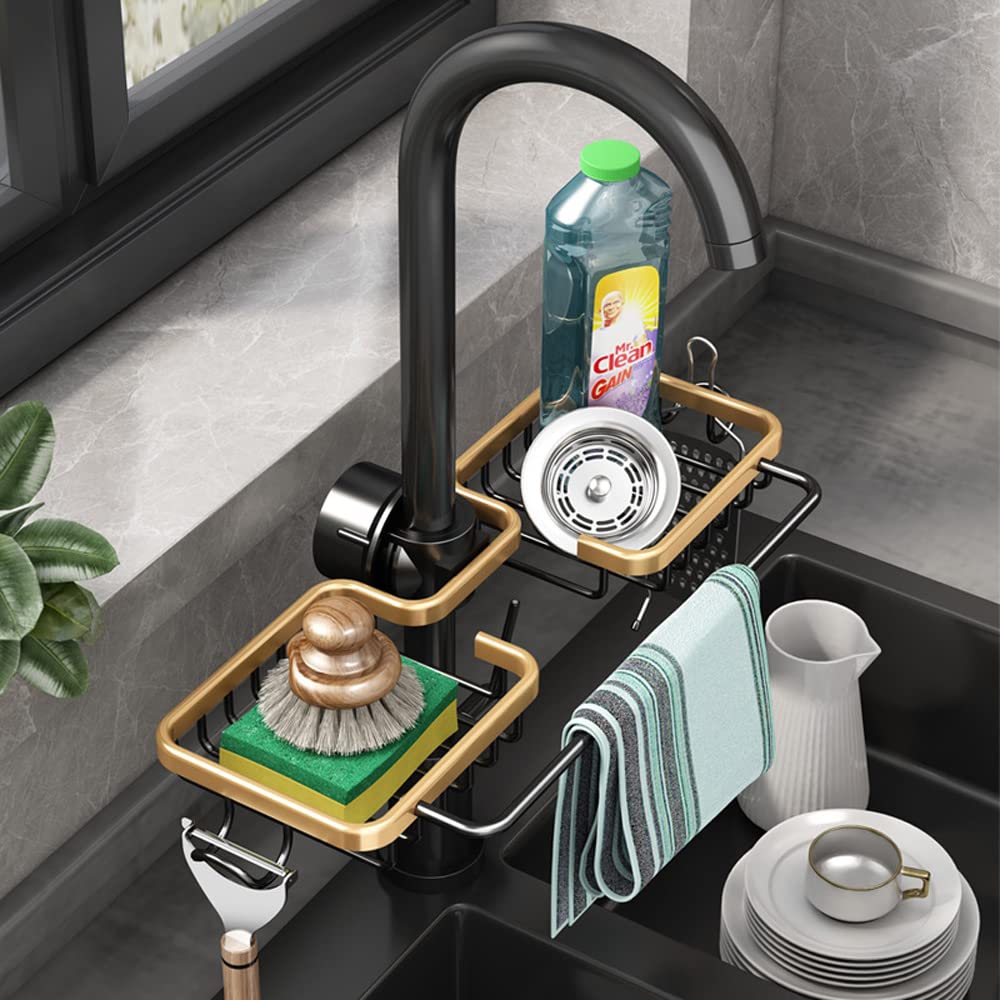 WINGSIGHT Faucet Sponge Holder Kitchen Sink Caddy Organizer Over Faucet Hanging Faucet Drain Rack for Sink Organizer (Double with Dishcloth Rack  Golden)
