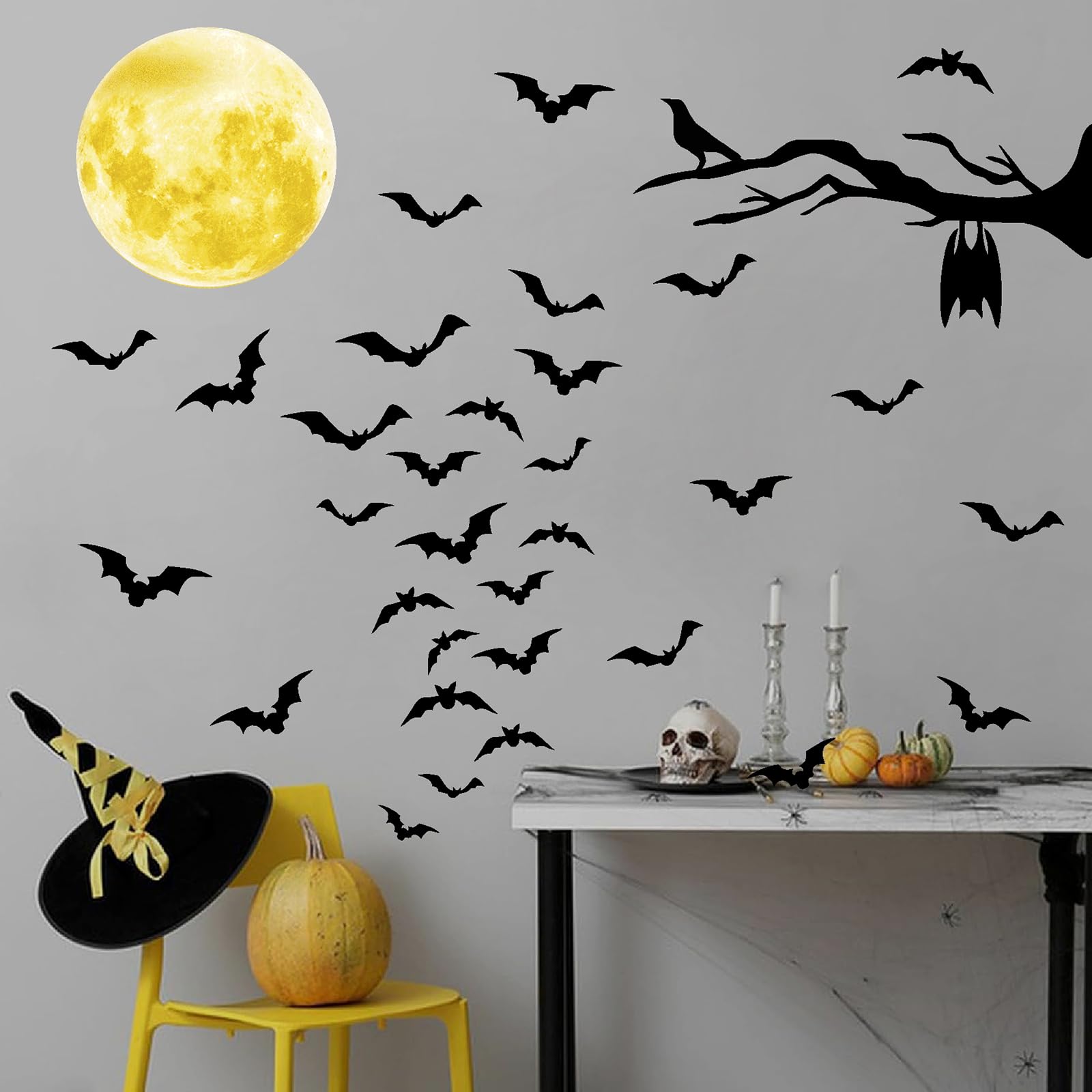 Halloween Moon Bat Wall Stickers Tree Branch Wall Decals Black Crow Vinyl Bat Wall Decals Peel And Stick Halloween Moon Wall Sti