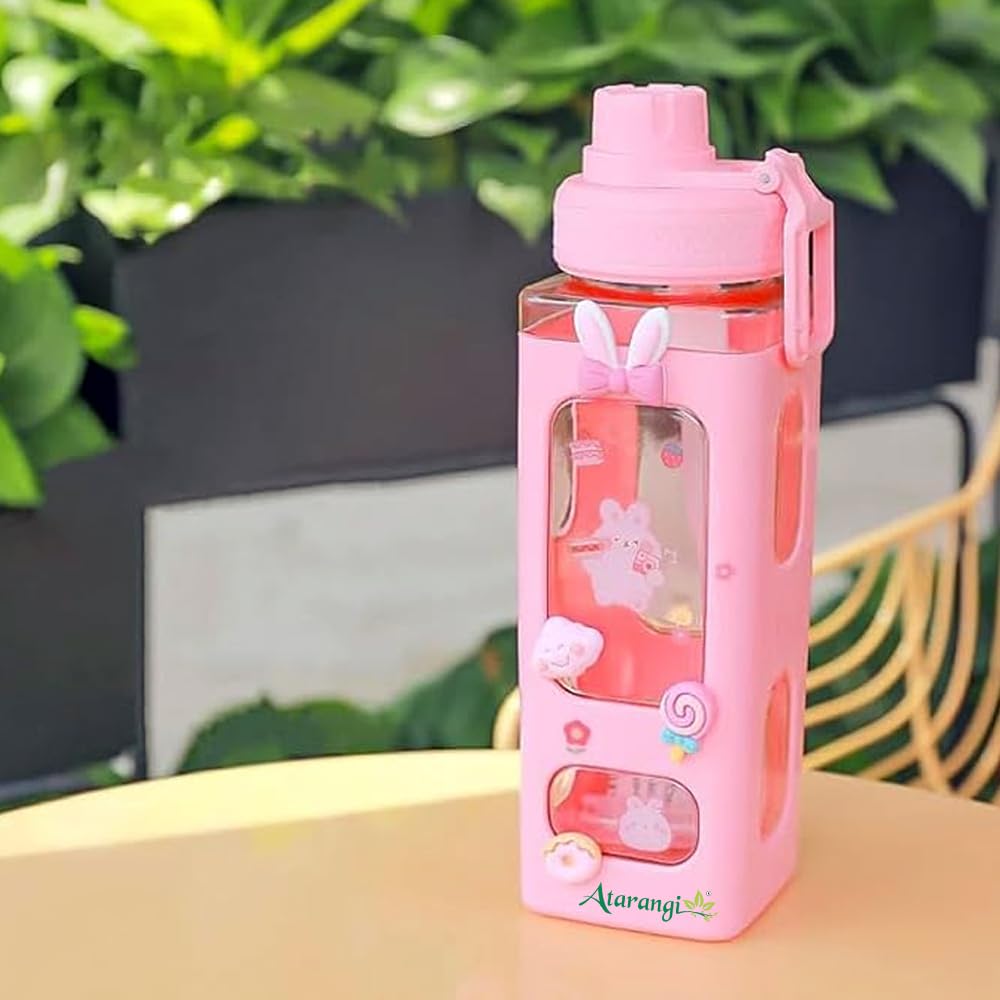 Atarangi Kawaii Water Bottle For Girls With Straw & Movable Handle | LeakProof BpaFree Cute Plastic Bottle With 2D & 3D Sticke